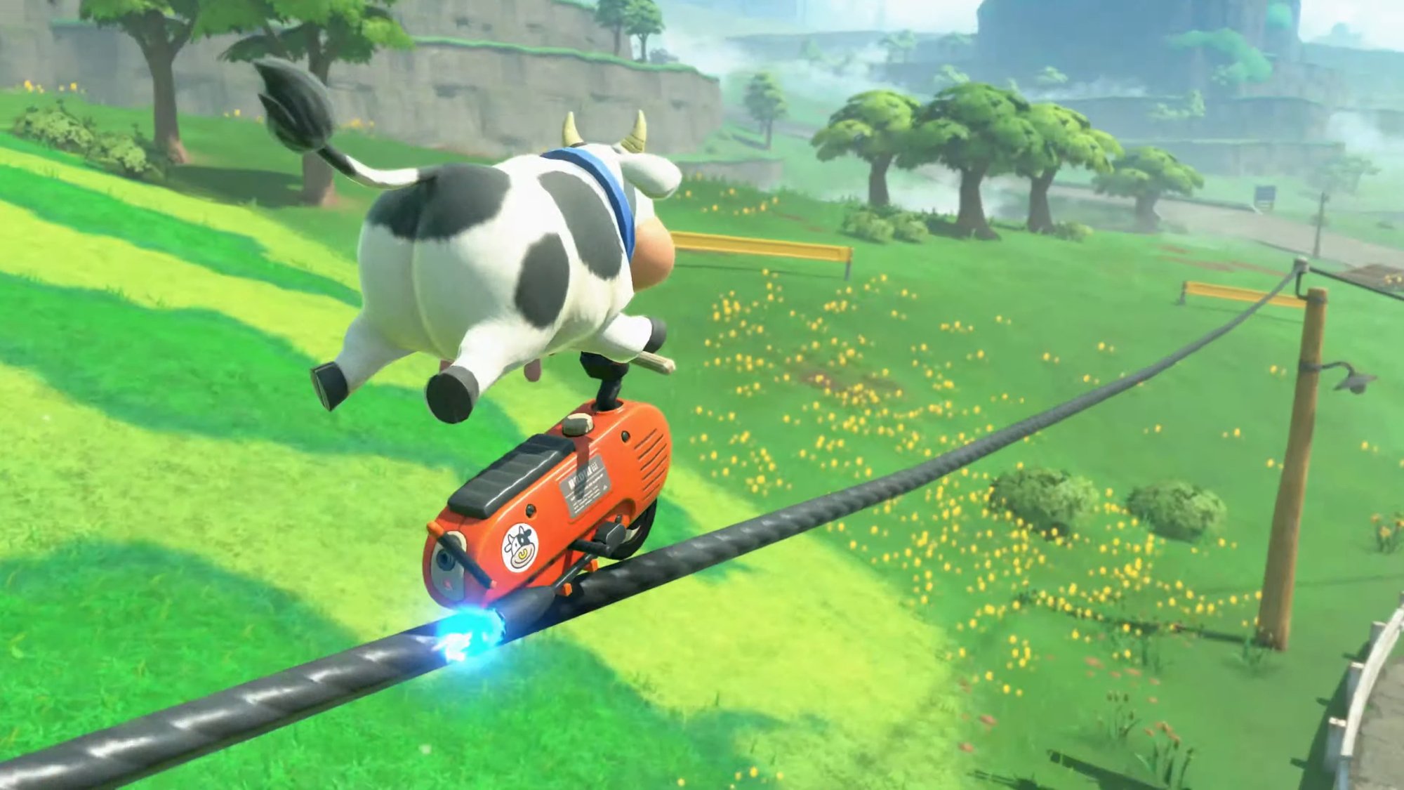 a cow grinding on a rail in mario kart world