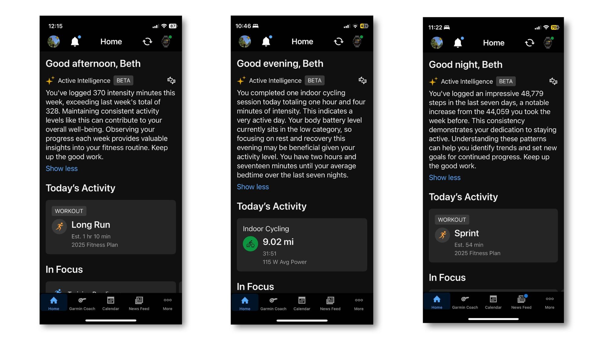 Three screenshots of the Garmin AI giving basic-ass advice