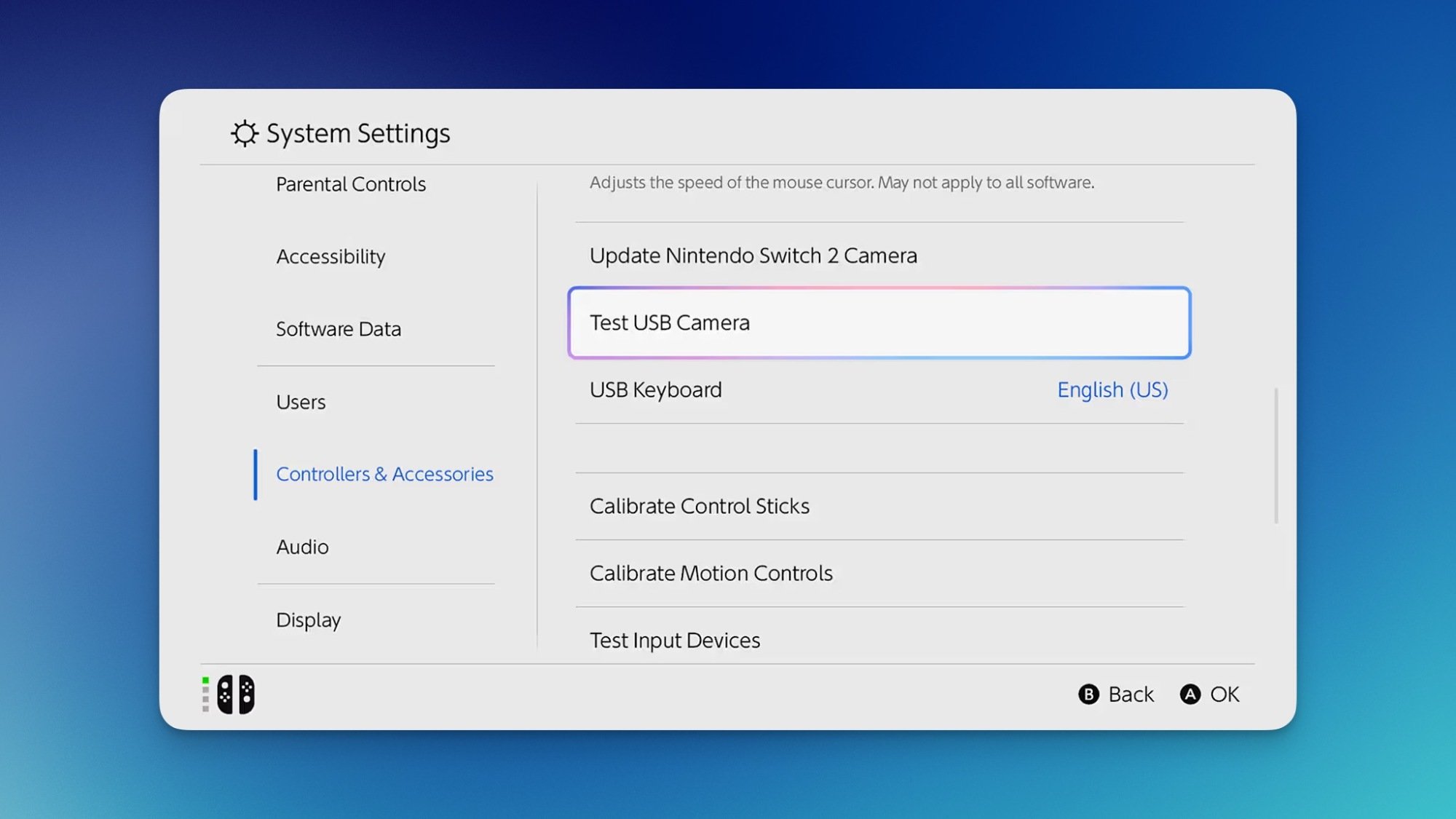 Nintendo Switch 2's accessories settings page, with the Test USB Camera option highlighted.
