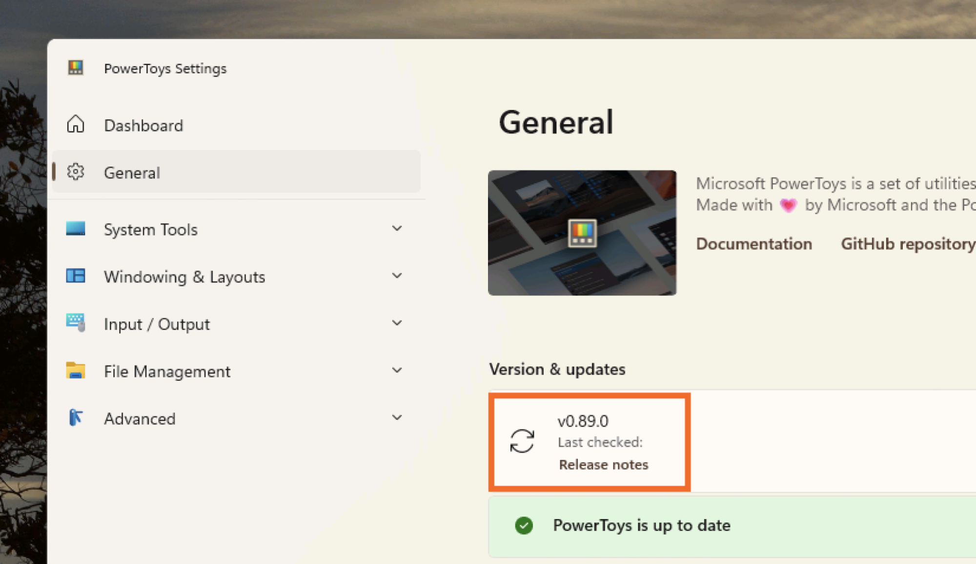 The PowerToys window confirming that the most recent version is installed
