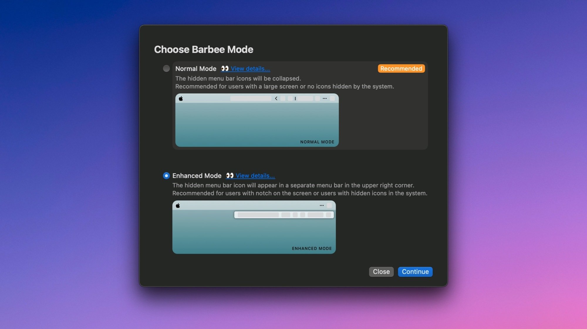 Menu bar modes (normal and advanced) in Barbee for Mac.