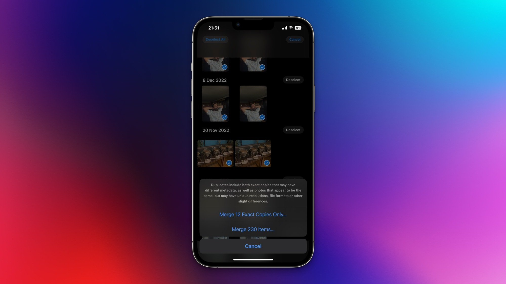 Deleting duplicate photos using the Photos app on an iPhone.
