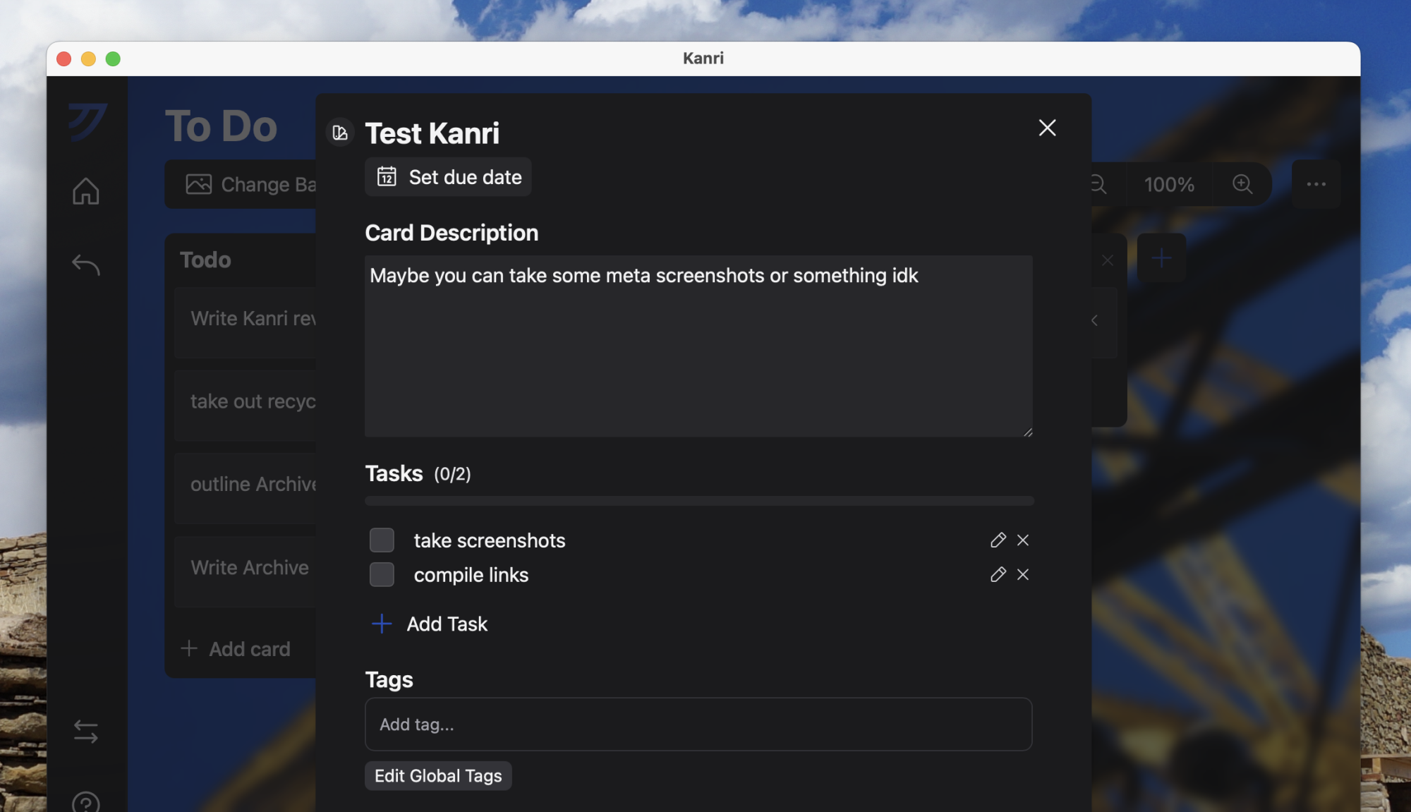 The pop-up for a task complete with a box for the description and a list of sub-tasks below.