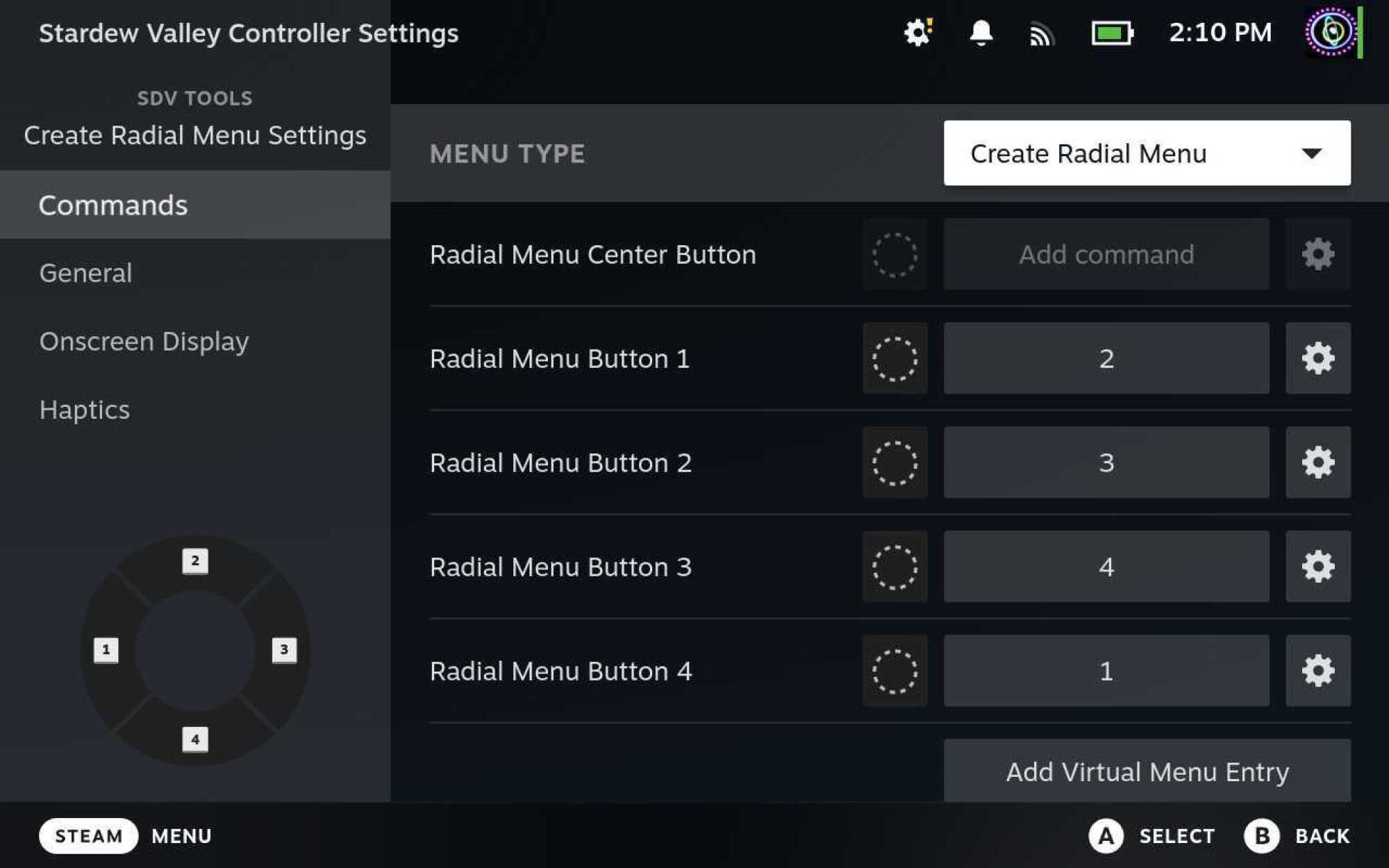 A screenshot of the Radial Menu creation interface, shows how the user can add multiple options to the menu, and even an extra input for the center.