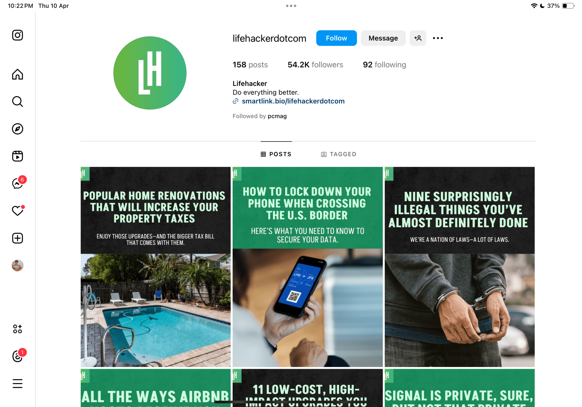 Lifehacker profile in Instagram web app.