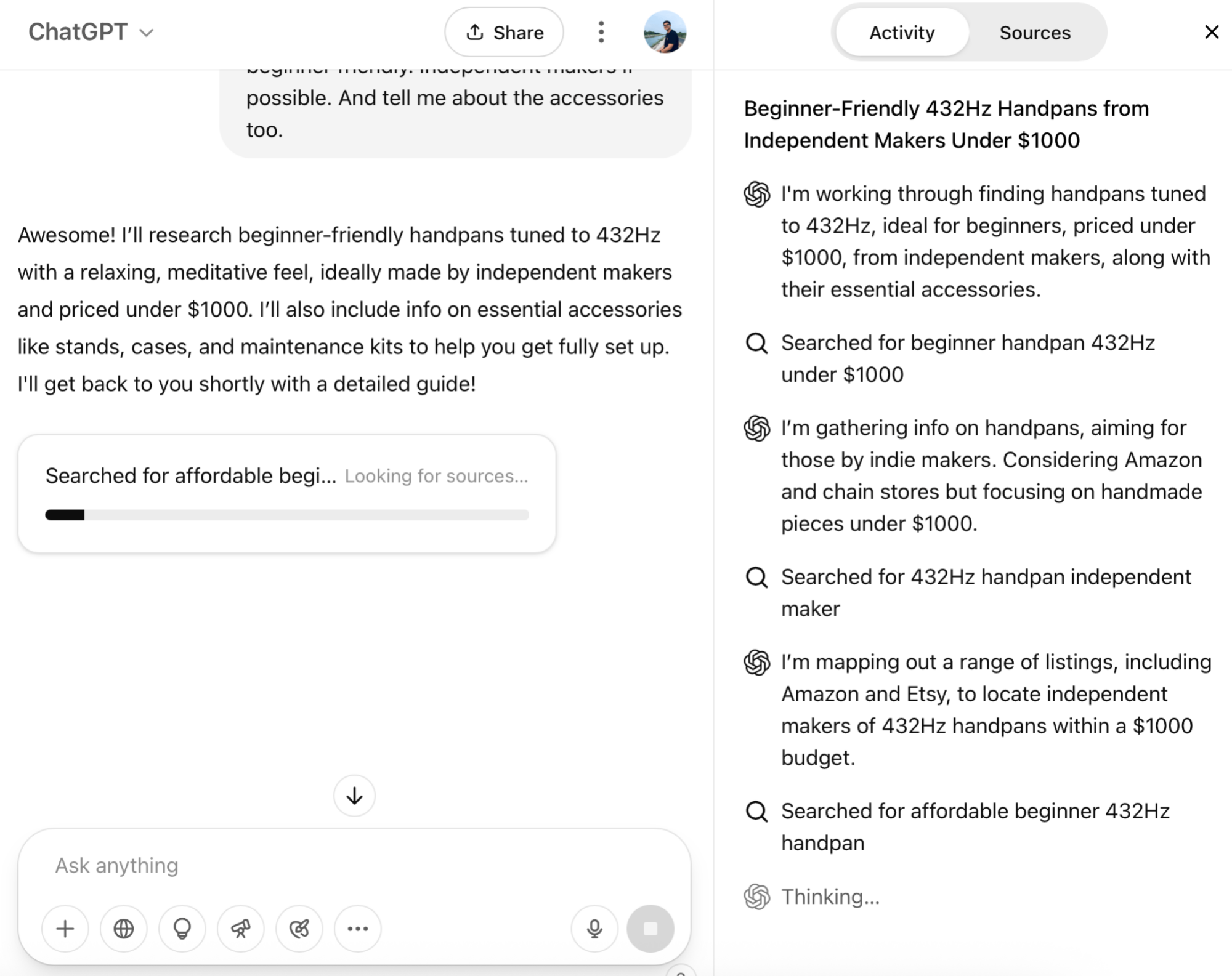 Sidebar showing ChatGPT thinking and tasks.