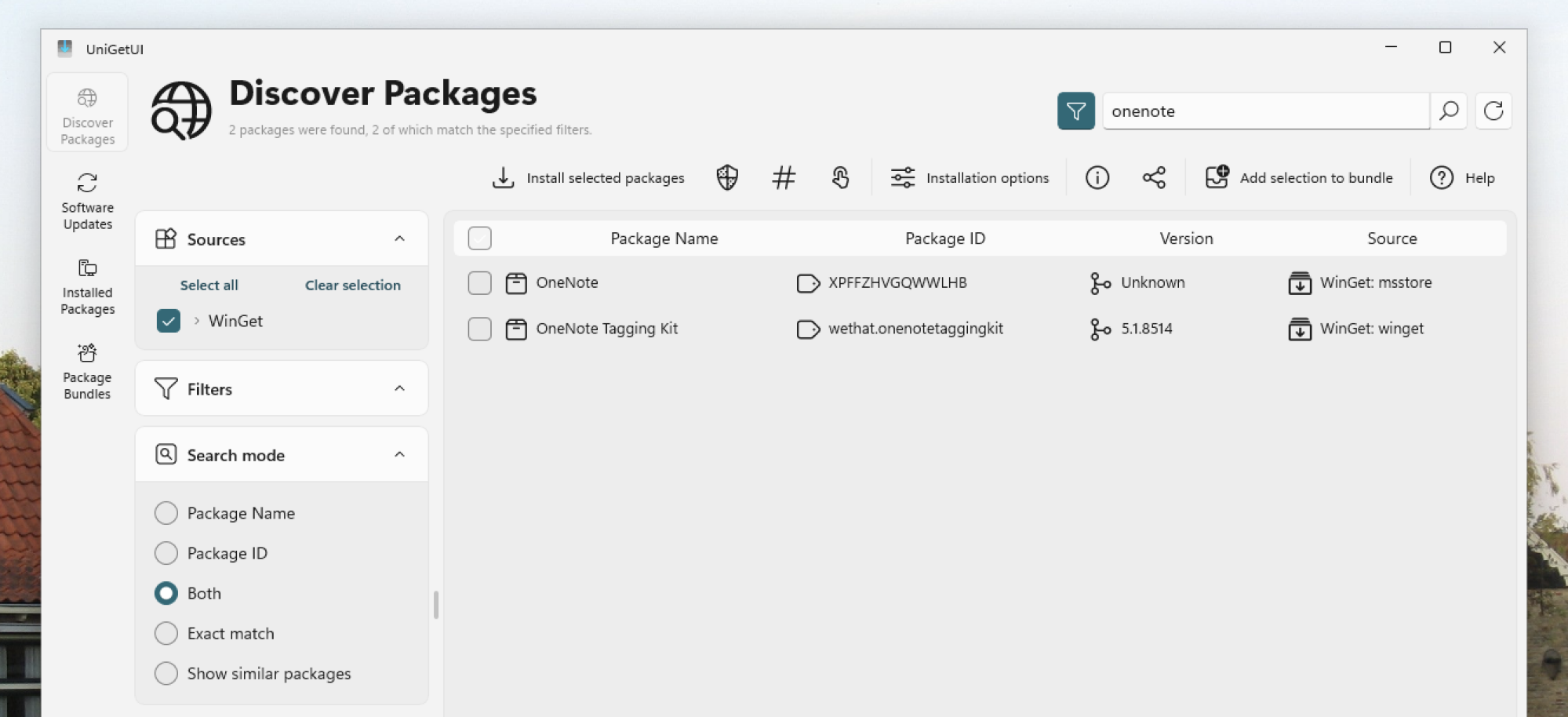 UniGetUI showing a search for OneNote