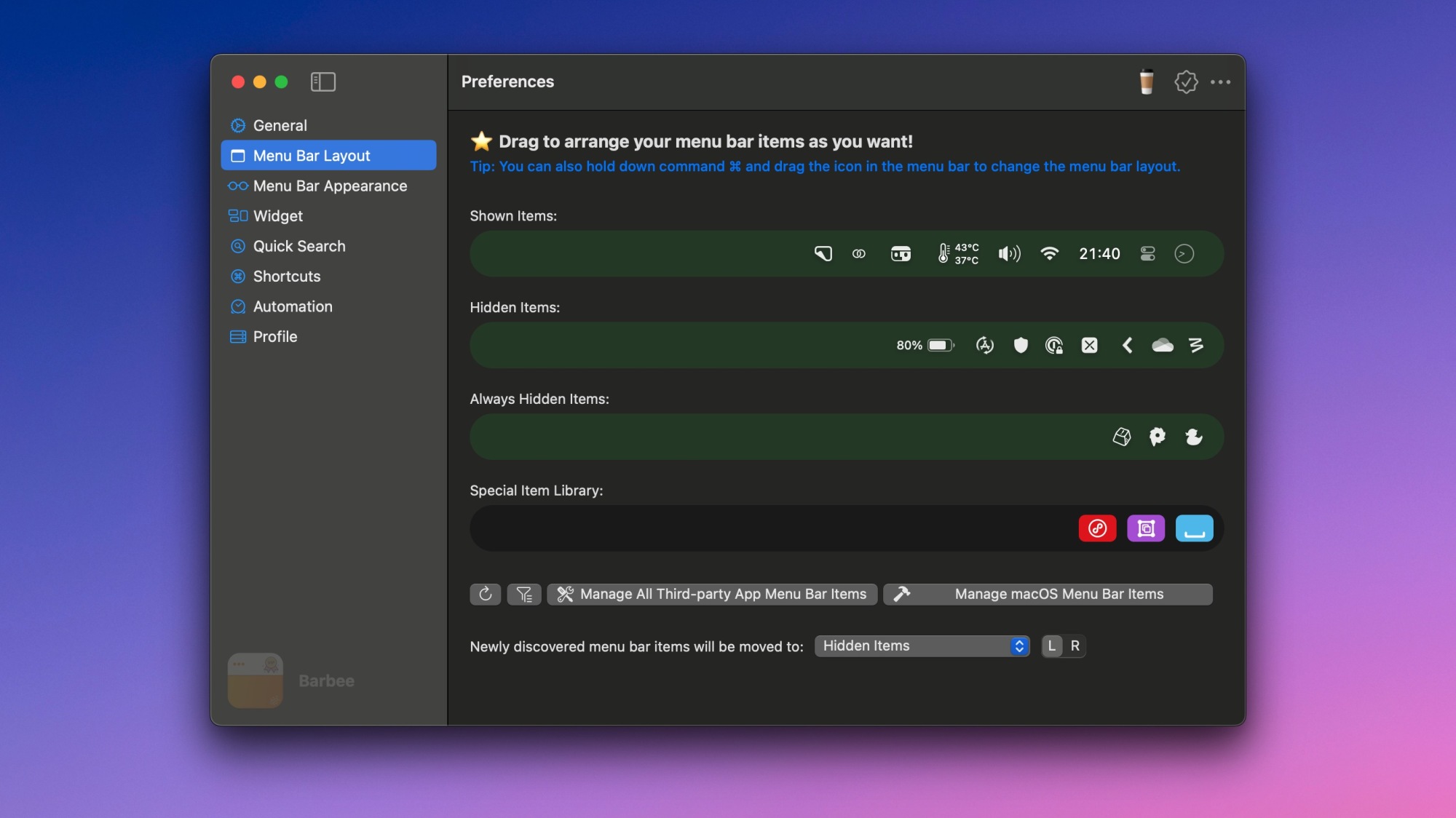 Different menu bar layouts in Barbee for Mac.
