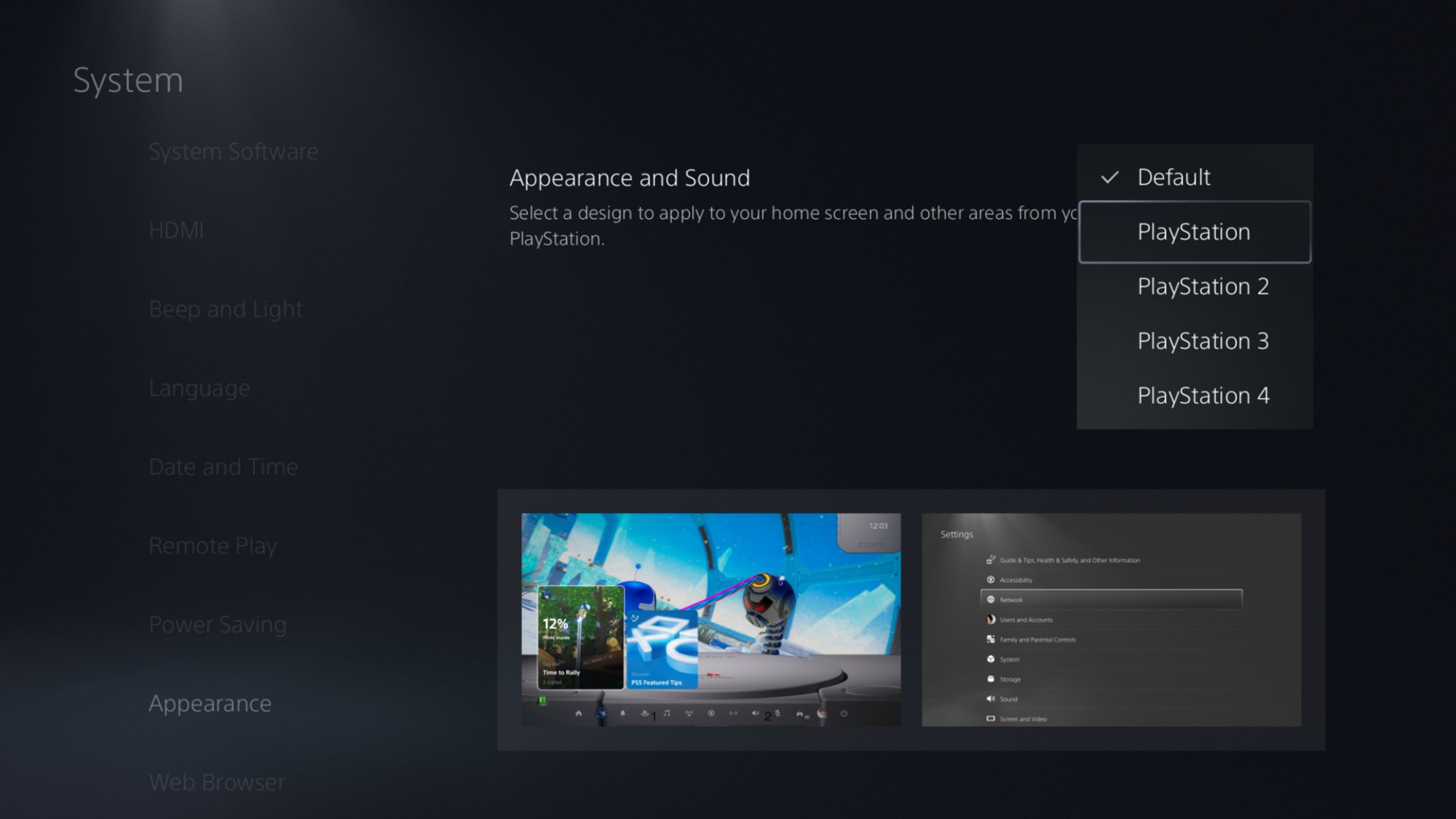 theme selection screen on ps5