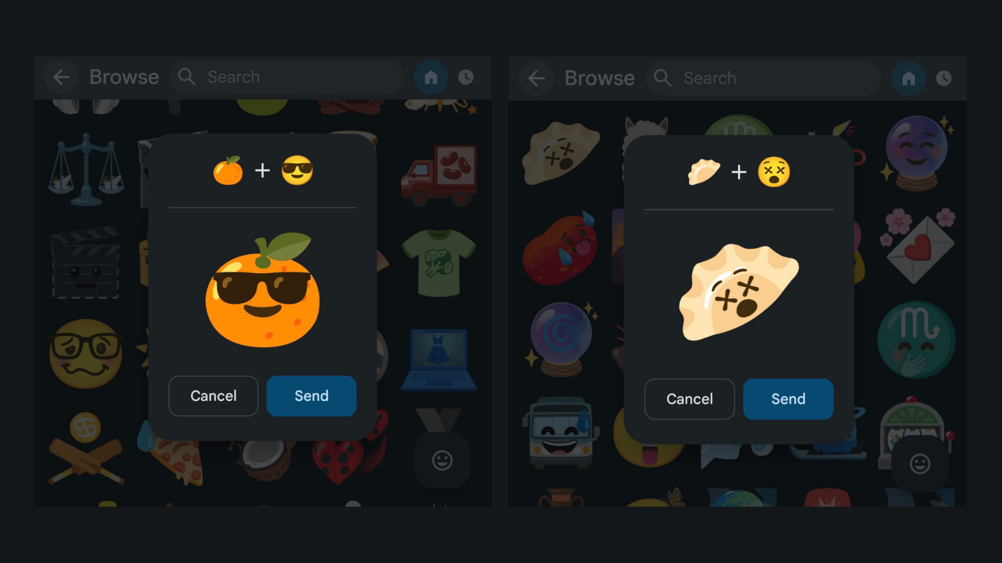 two examples of how emojis were made in the emoji kitchen