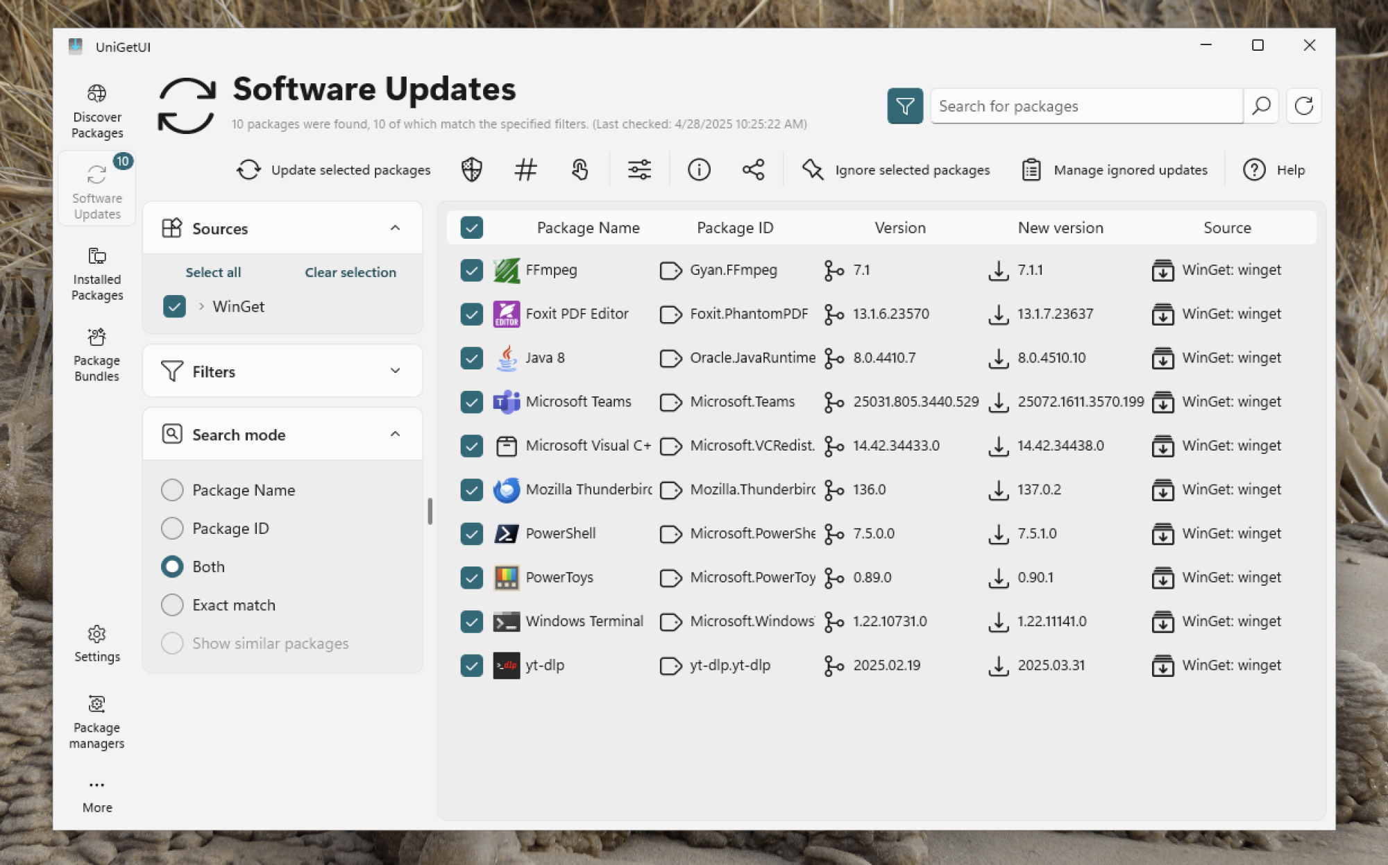 The updates tab showing various packages that need updates.