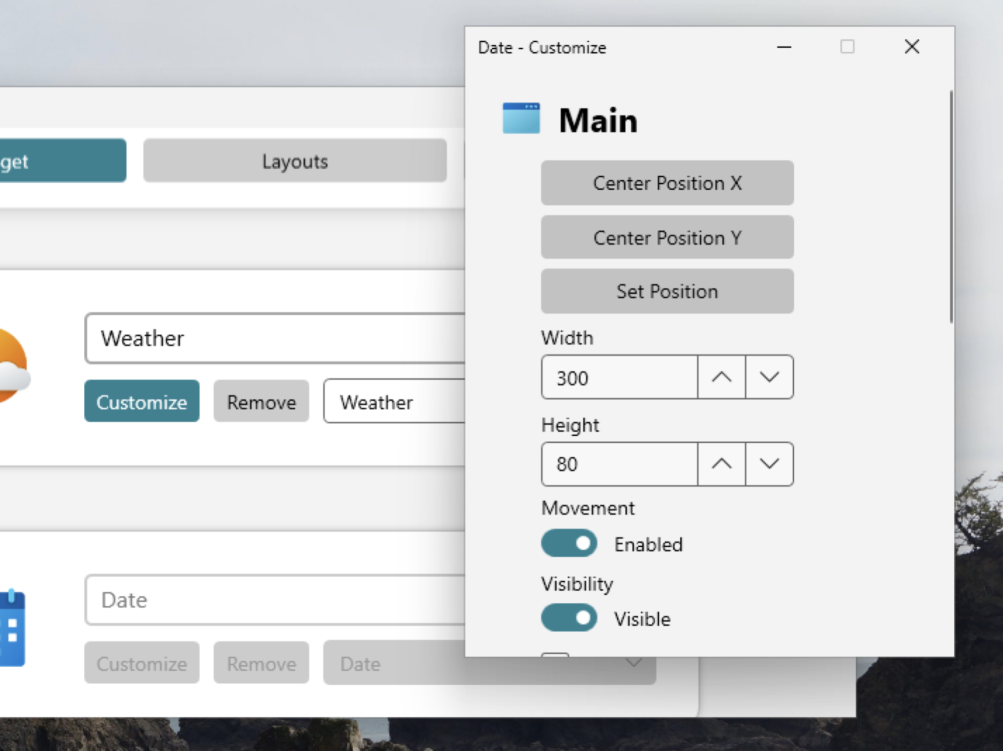 The customize widget for a date widget. You can chance the position, size, and disable movement.