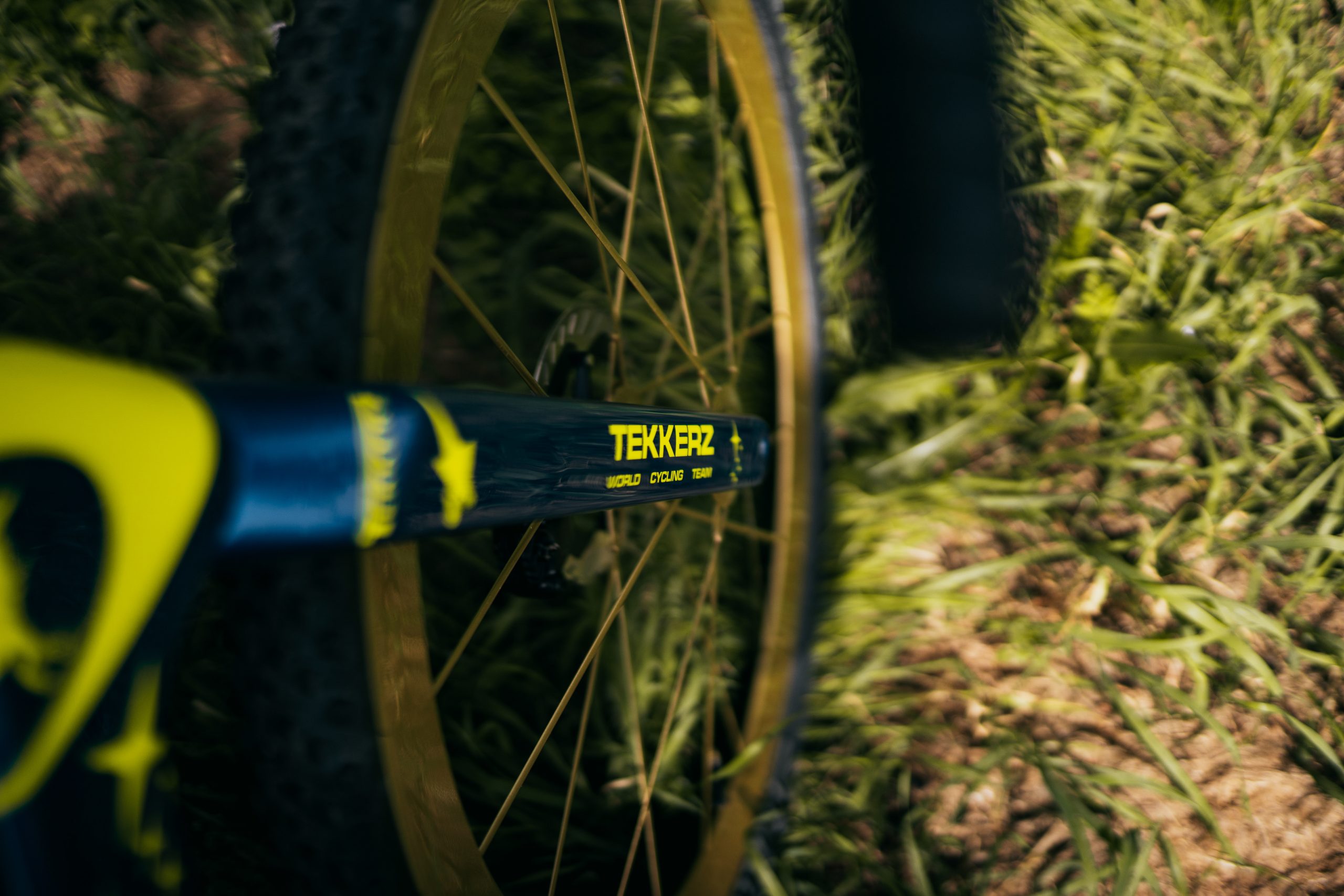 Alec Briggs' Canyon GRail CFR front fork with gold wheel rims. 