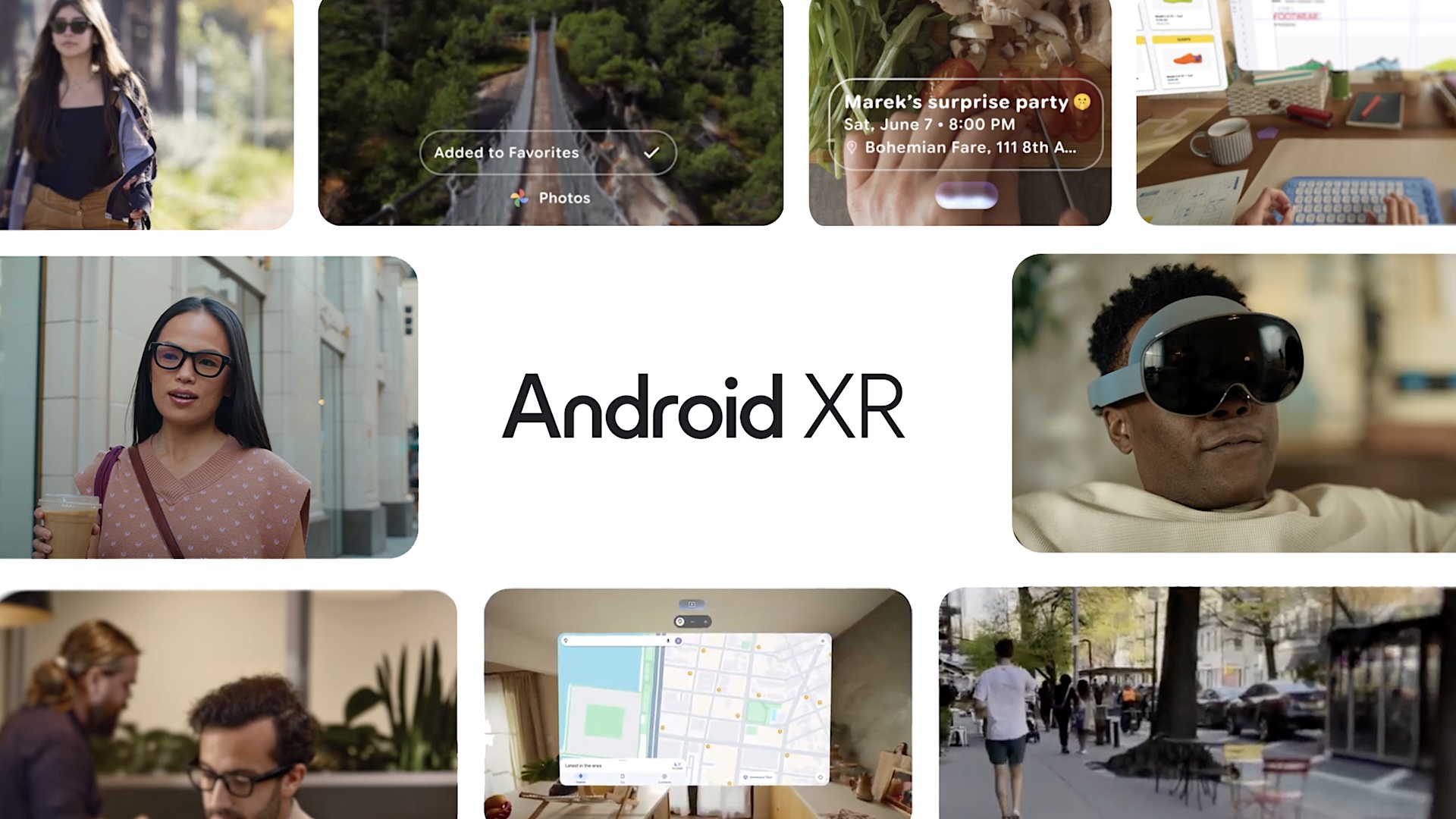 Collage of various images showing applications for Android XR.