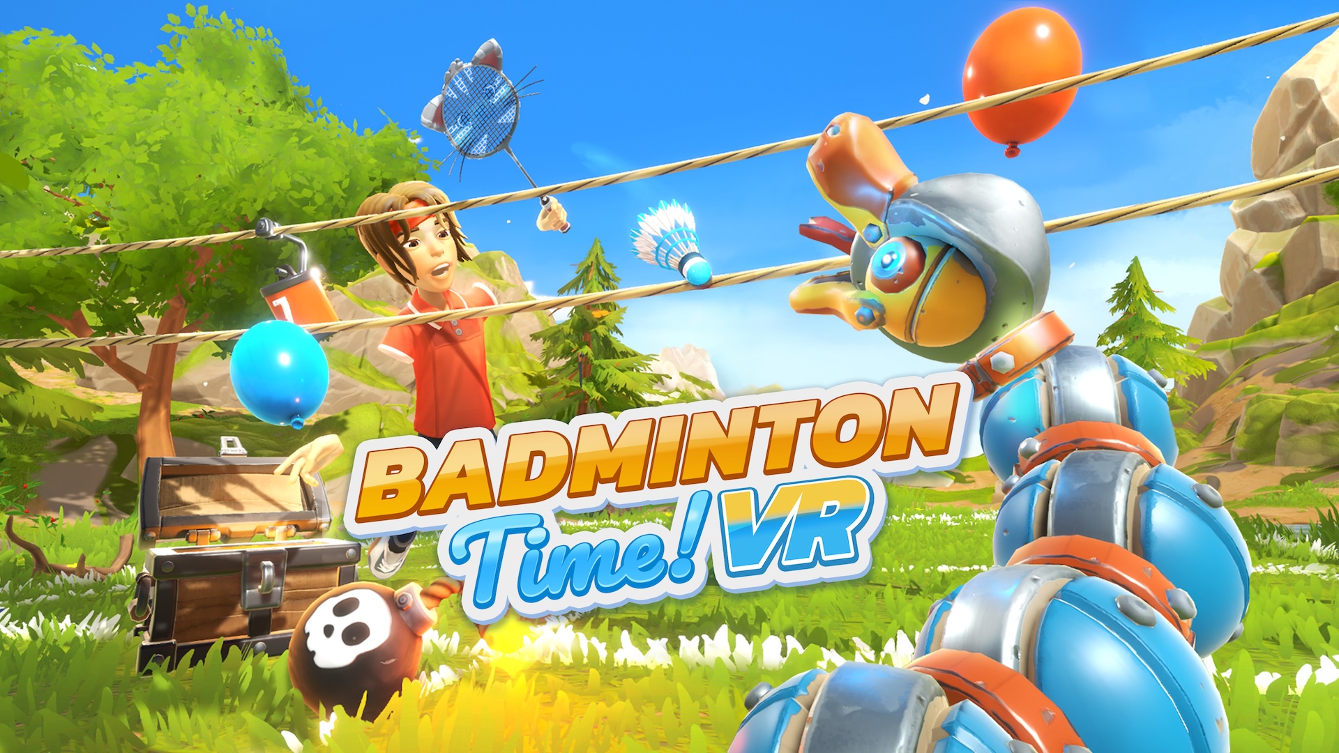 Colorful game scene from Badminton Time VR with animated character, robot opponent and the game logo in a wooded environment.