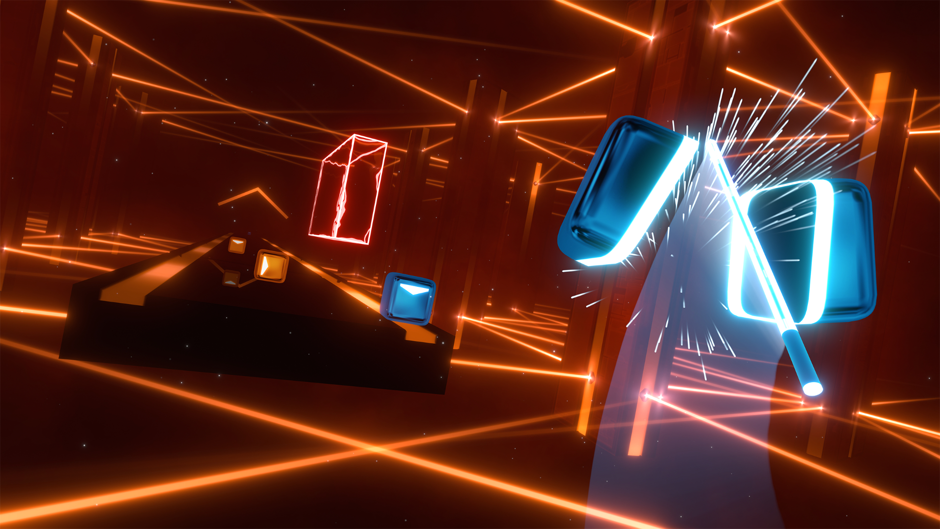 A game scene from the VR game Beat Saber shows a laser sword splitting a blue cube.
