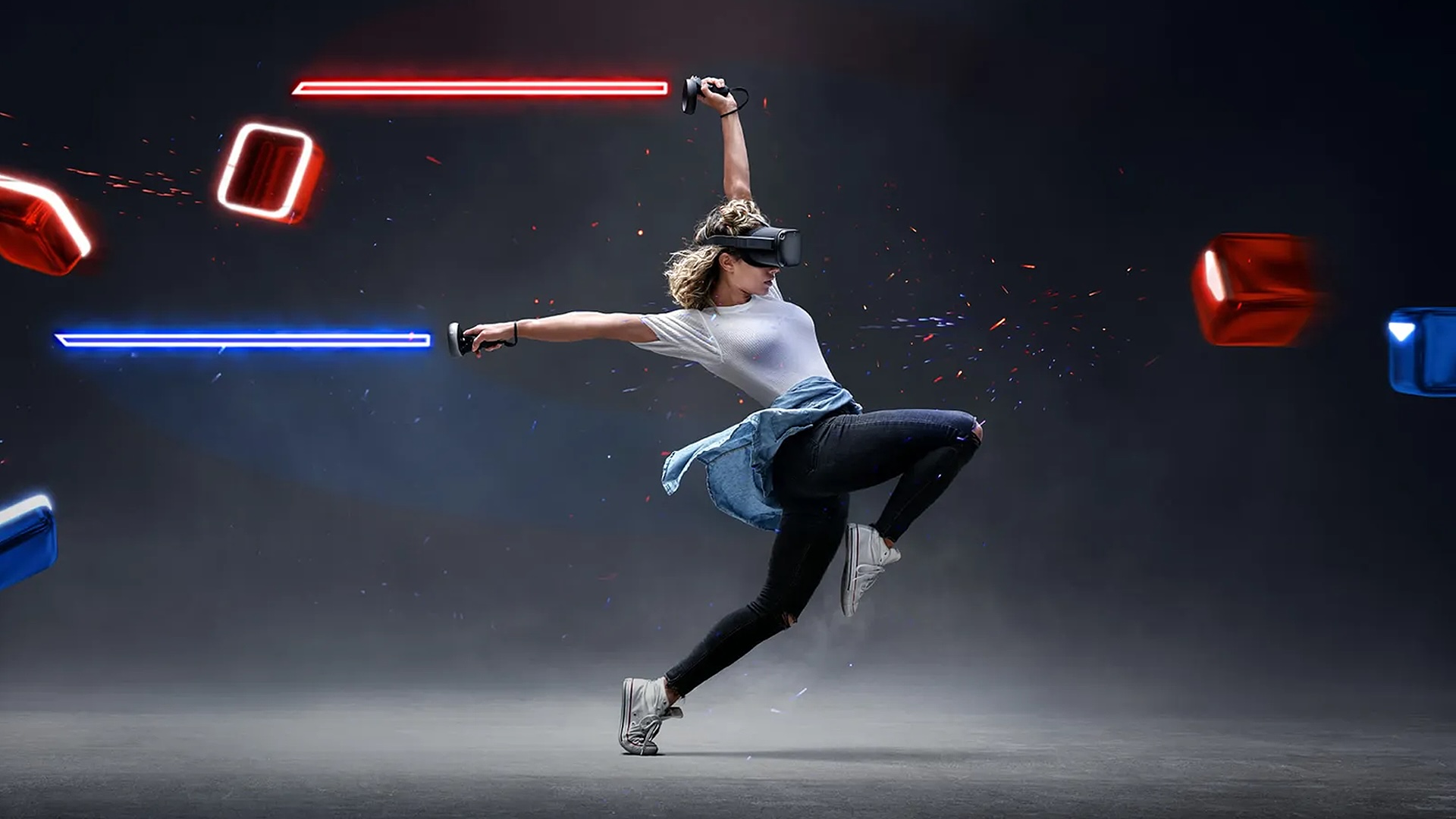 Woman with VR headset and controllers in her hands, playing Beat Saber.