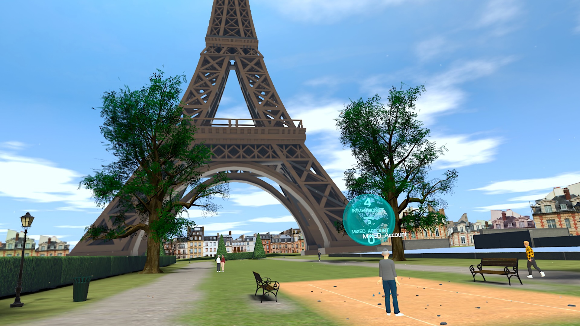 Virtual Paris scene: Eiffel Tower, avatars playing boules.