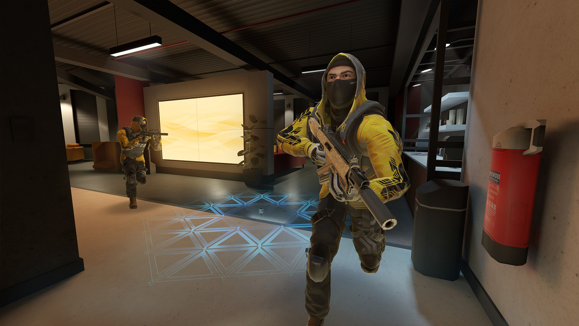 An opponent runs directly towards the camera. You can also see an exciting gadget from Breachers in the background.