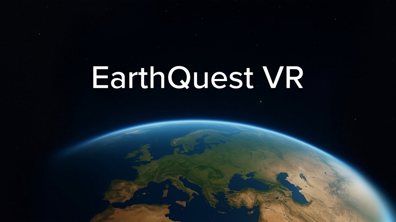 EarthQuest VR logo over realistic earth view with Europe, North Africa and parts of Asia in space.