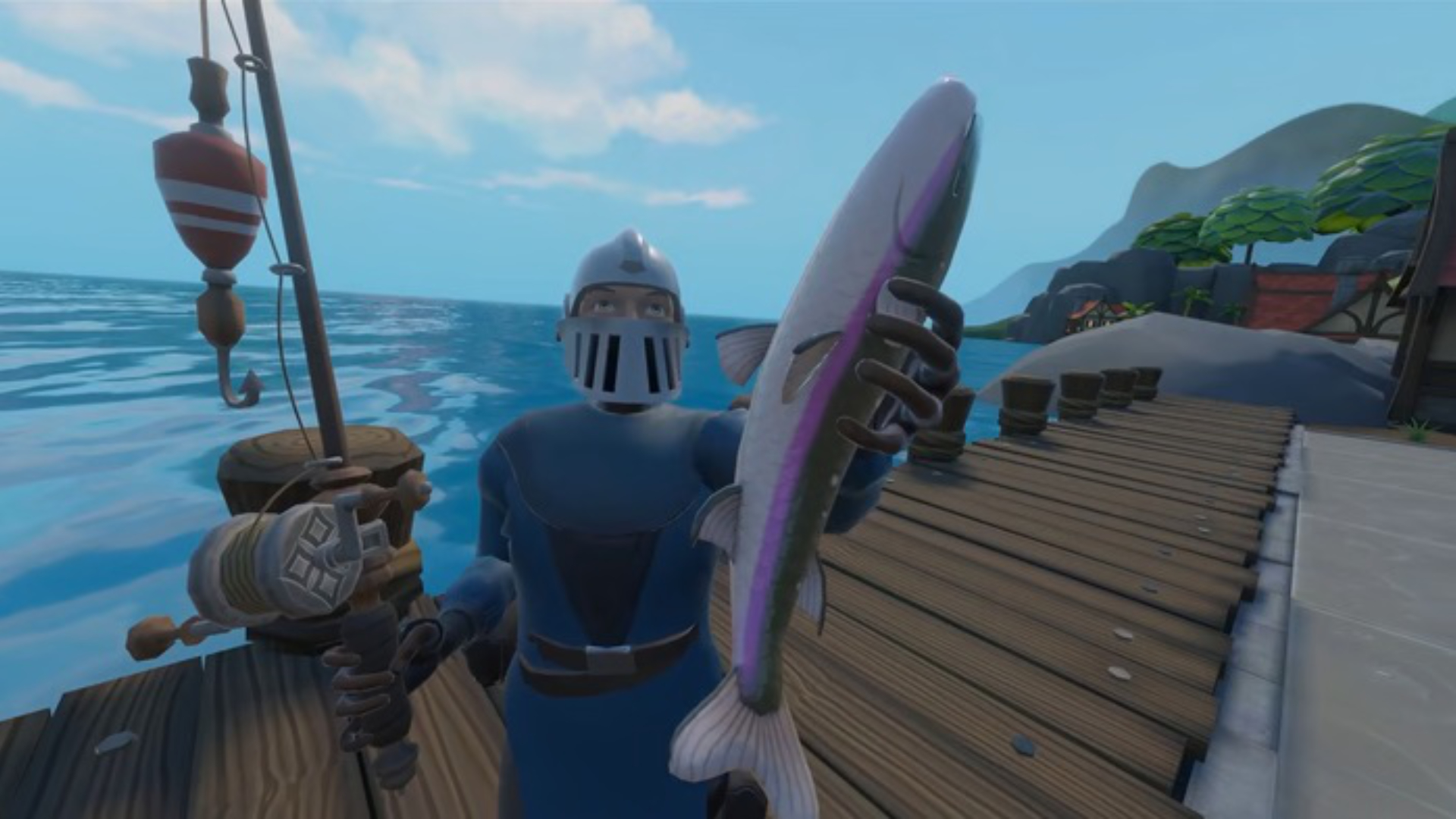 One game scene shows a knight on a jetty with a fishing rod and a fish in his hands.