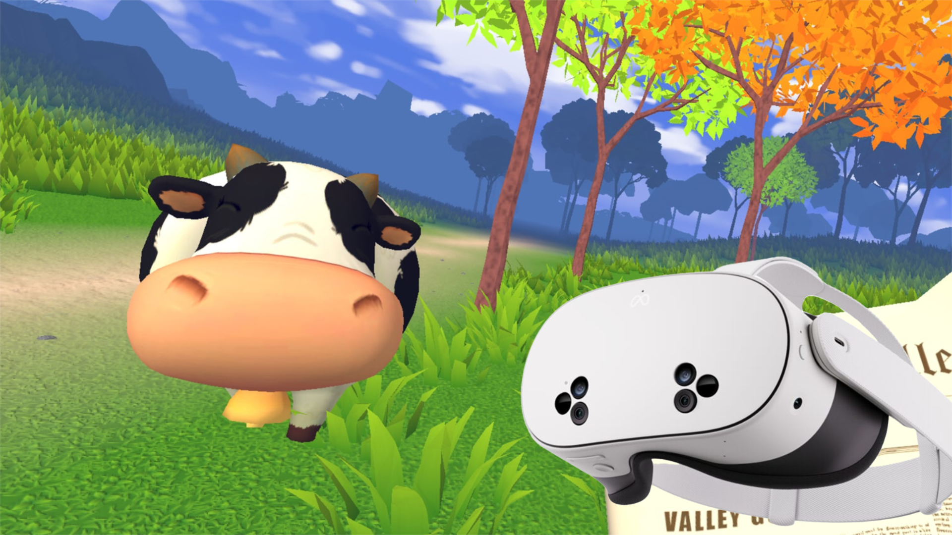 A cartoon-style cow stands in a meadow. Meta Quest 3S VR headset can be seen in the foreground.