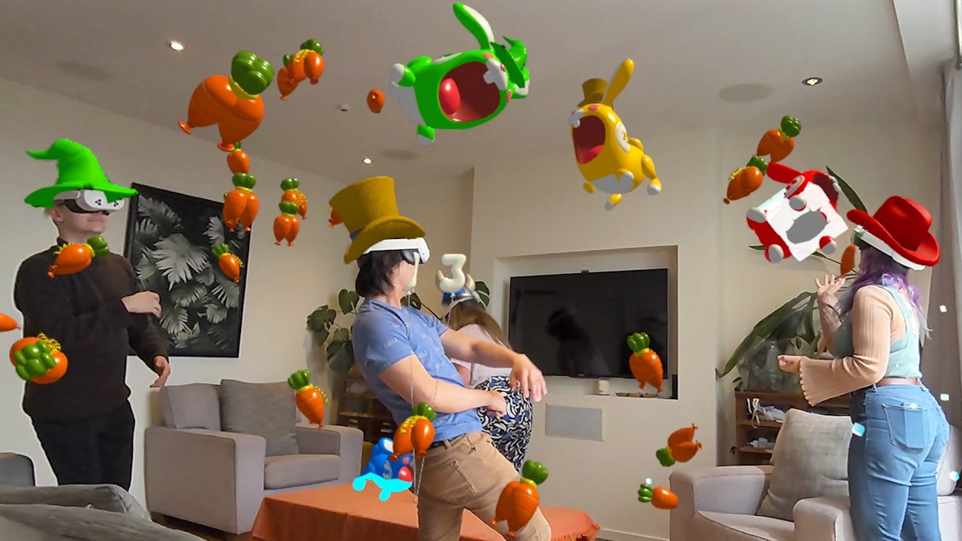 People with VR headsets play an AR game with flying carrots and rabbits in a living room.