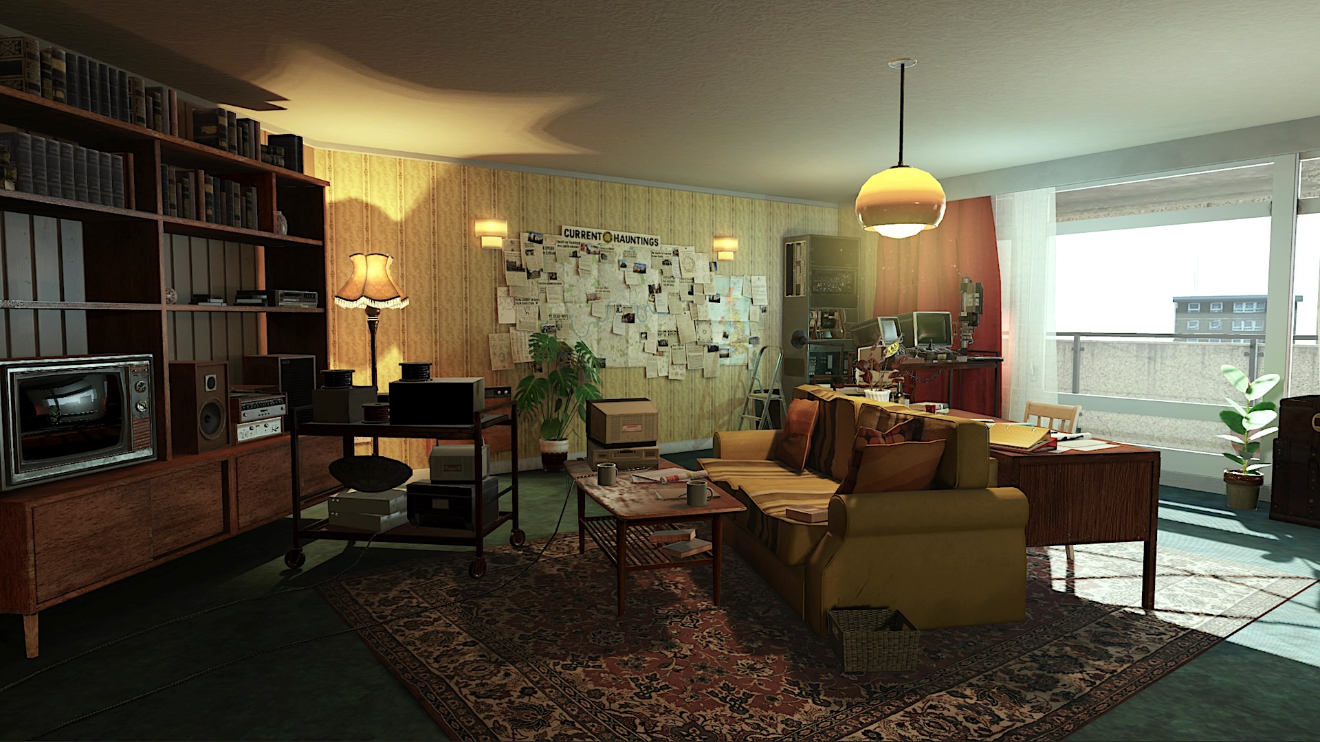 A living room and study full of notes on the wall.