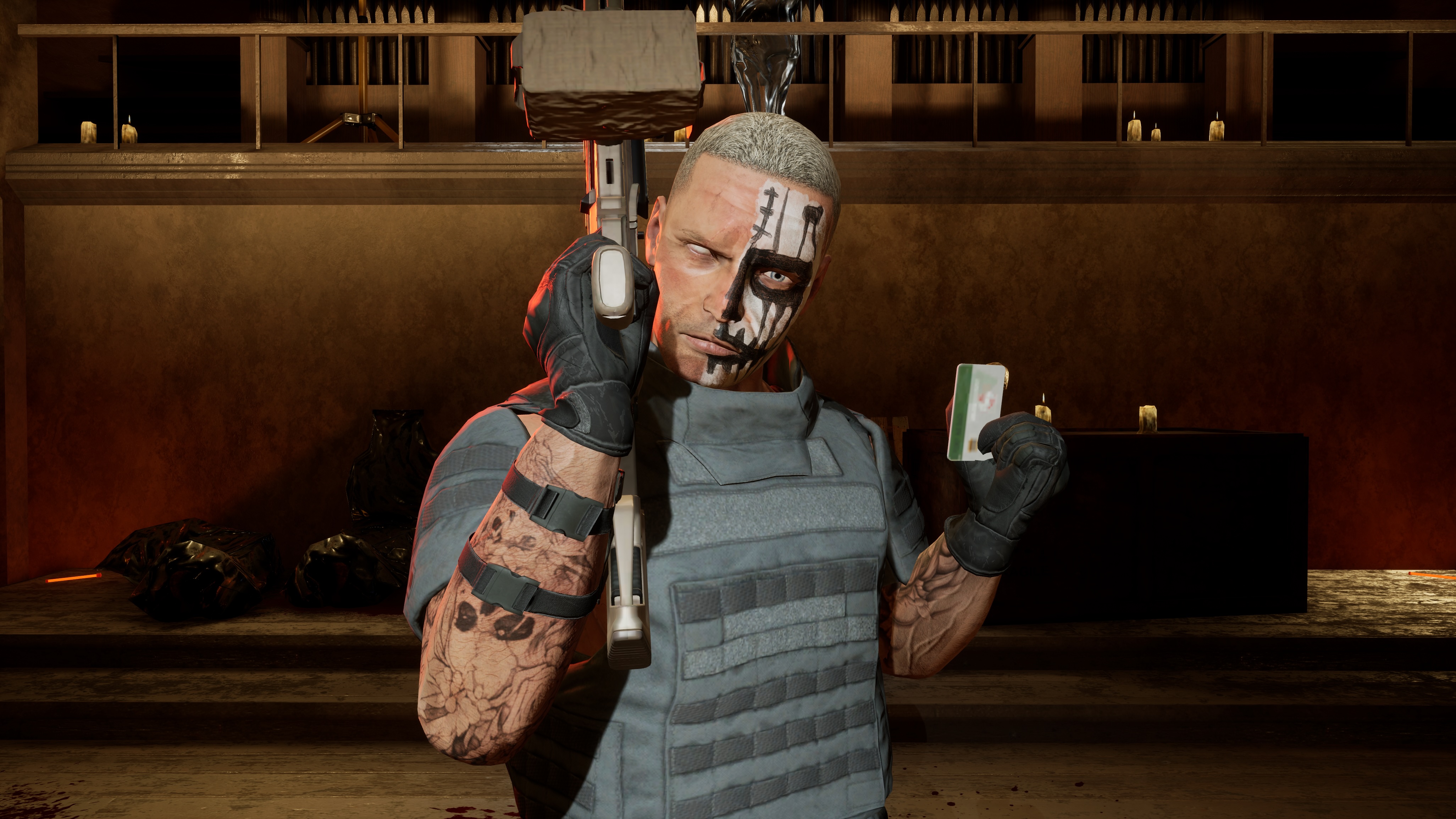 The Collector Boss in the Matka-Miest Museum with a rifle and nasty skull make-up.