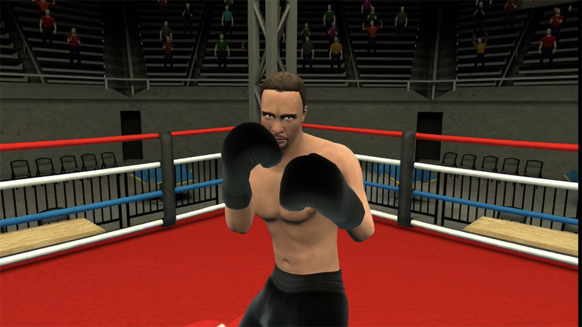 A VR boxing game shows a boxer in a fighting position in a red ring.