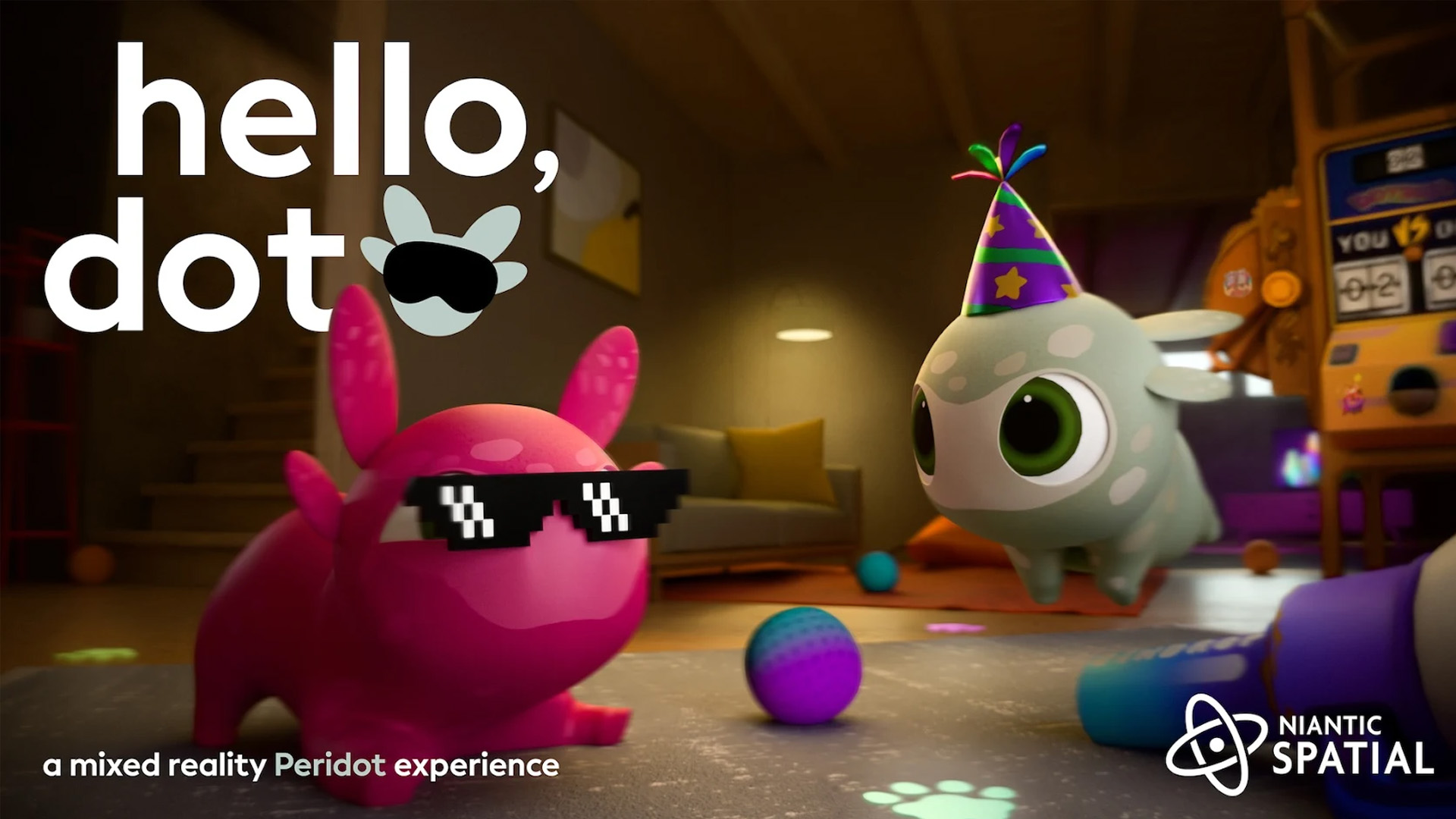 Two colorful virtual characters from "Hello Dot": pink monster with sunglasses and light blue creature with party hat in a living room.
