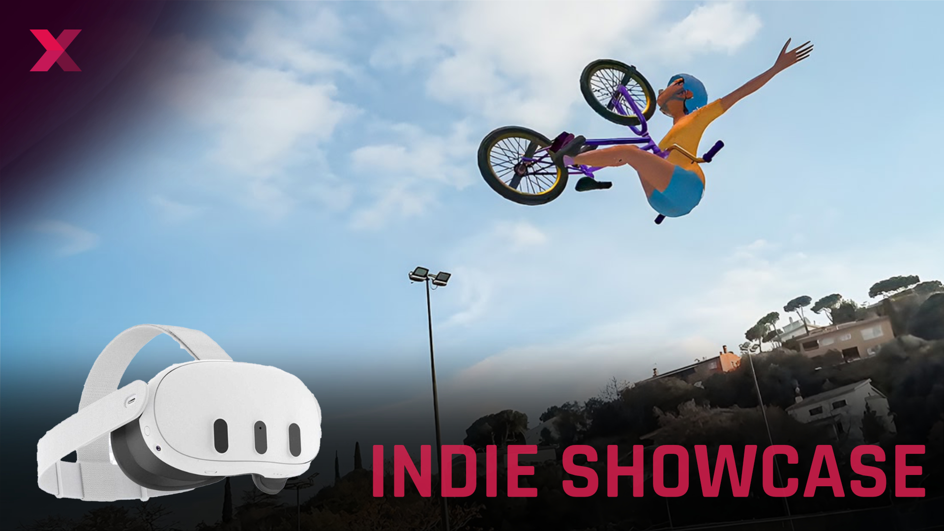 Excerpt from a mixed reality app: A digital BMX rider performs a stunt in a parking lot in a physical environment.