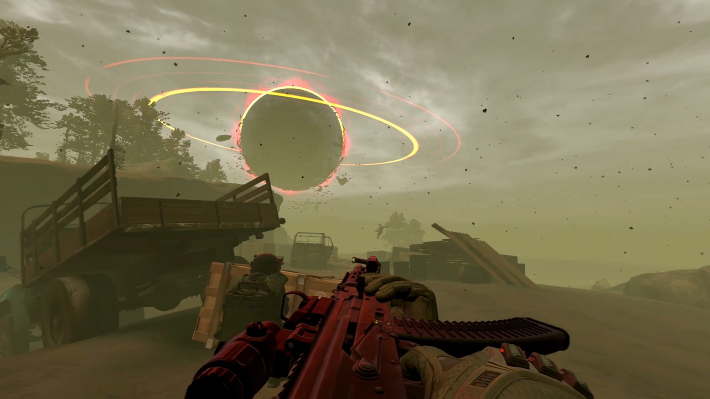 Player holds gun in dusty, destroyed environment under surreal sky anomaly.