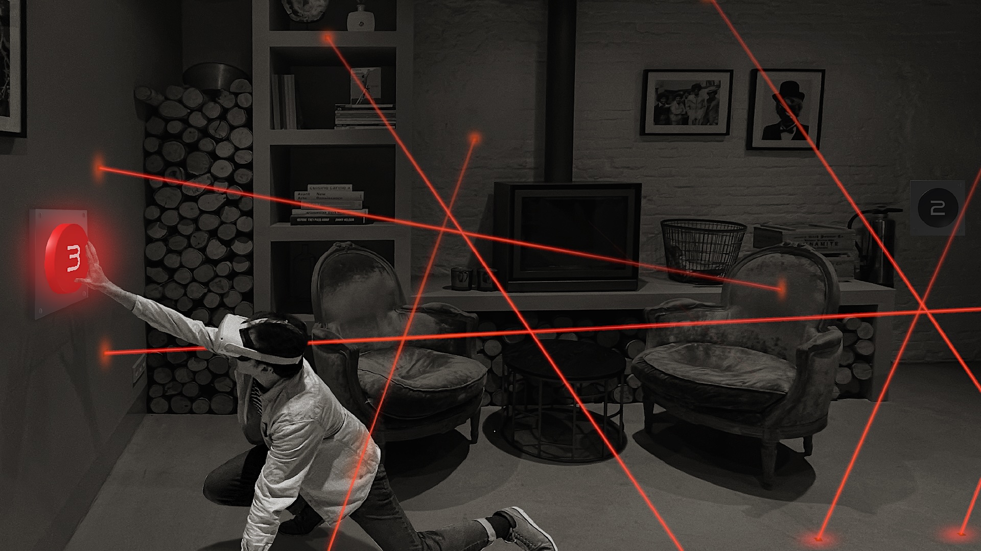 A man with Quest 3 crawls on the ground to avoid lasers and press a button on the wall.