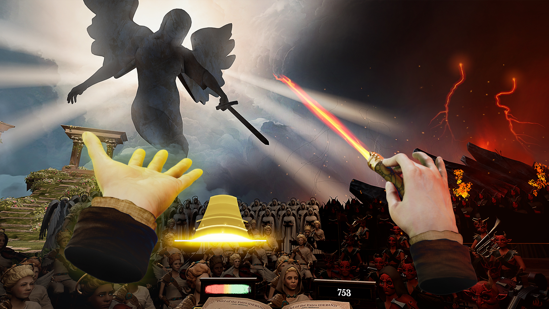 Two hands conducting in front of an orchestra with a statue of an angel.