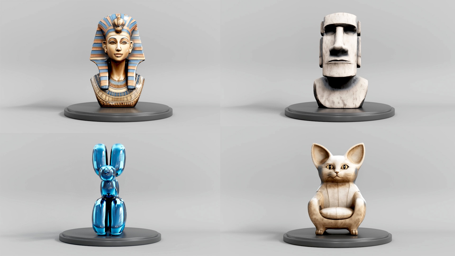 AI-generated 3D models: pharaoh bust, moai statue, blue balloon rabbit and cat armchair on gray pedestals, all against a gray background.
