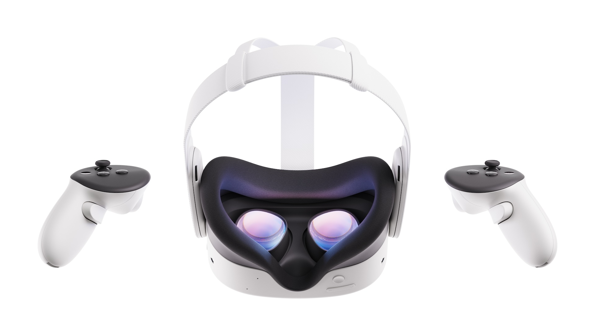 Floating Quest 3S with controllers with a view of lenses.