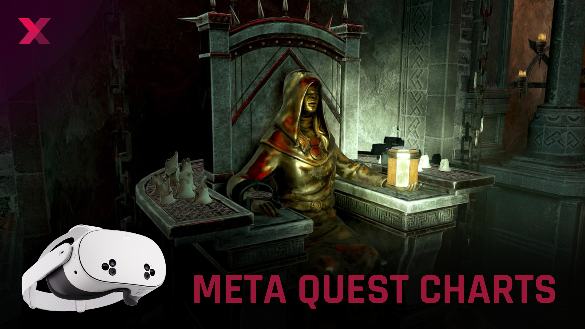 Gloomy fantasy shrine with golden statue, altars and candles next to Meta Quest VR headset and "META QUEST CHARTS" text overlay.