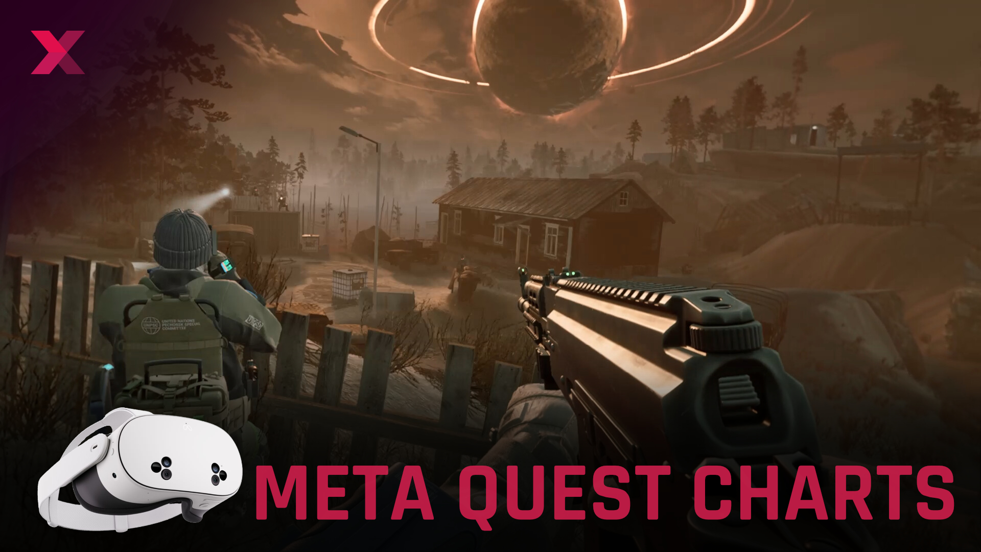 First-person shooter scene in a post-apocalyptic environment with Meta Quest VR headset image and mysterious planet in the sky.