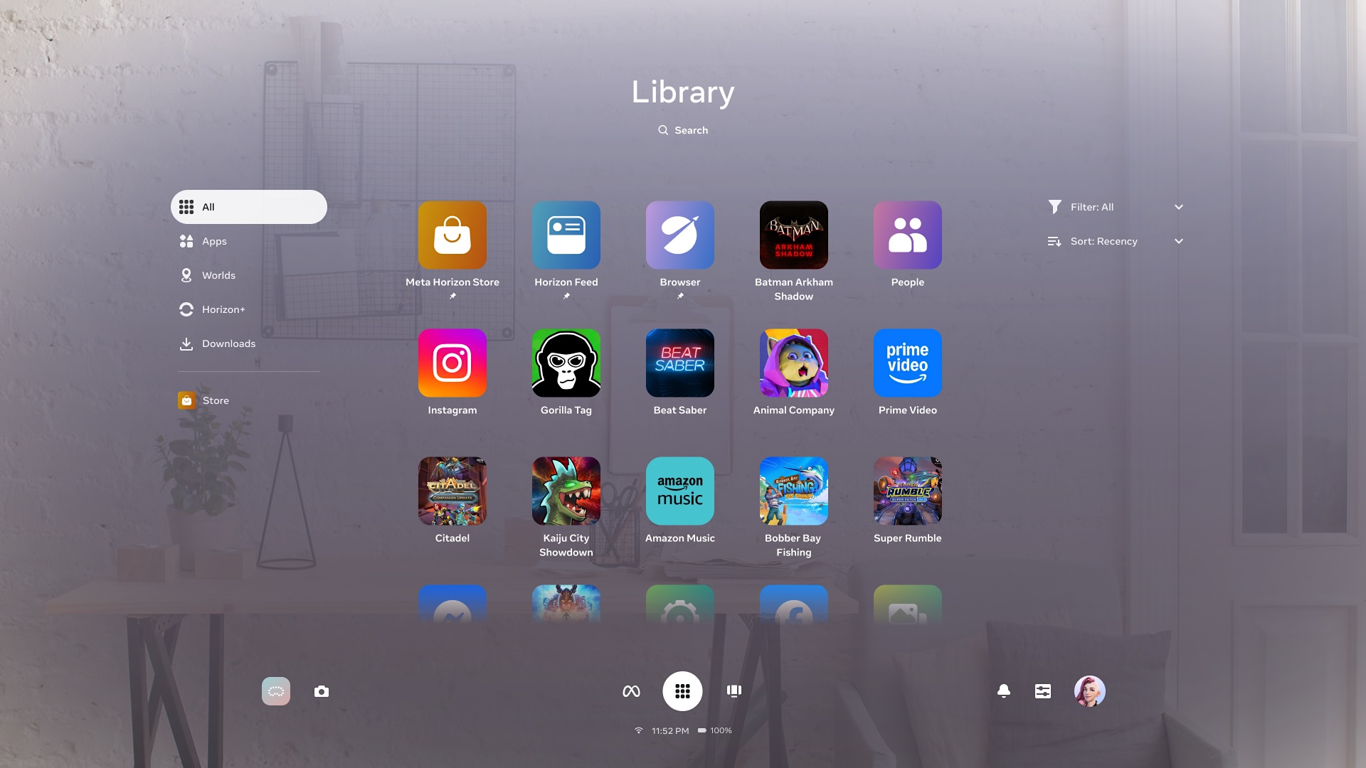 The app library in the new Navigator user interface of Meta Quest.