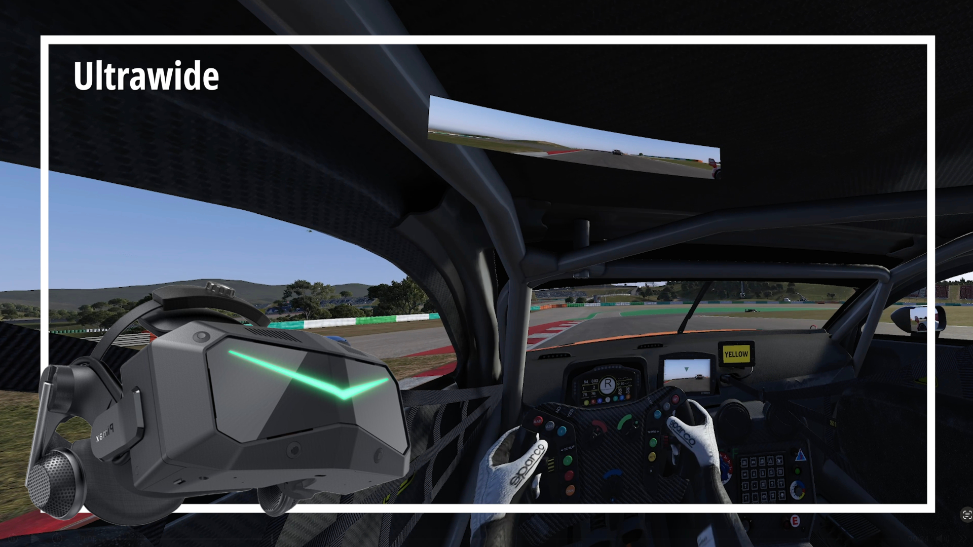 A screenshot from a racing game shows how the vehicle is steered from the cockpit perspective.