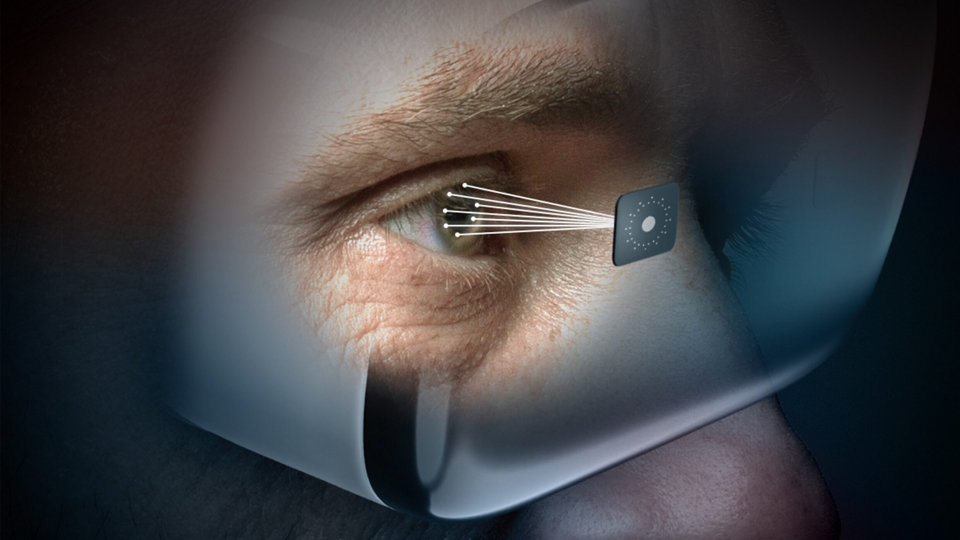 Close-up of an eye with indicated VR headset and microsensor that detects a pupil. .