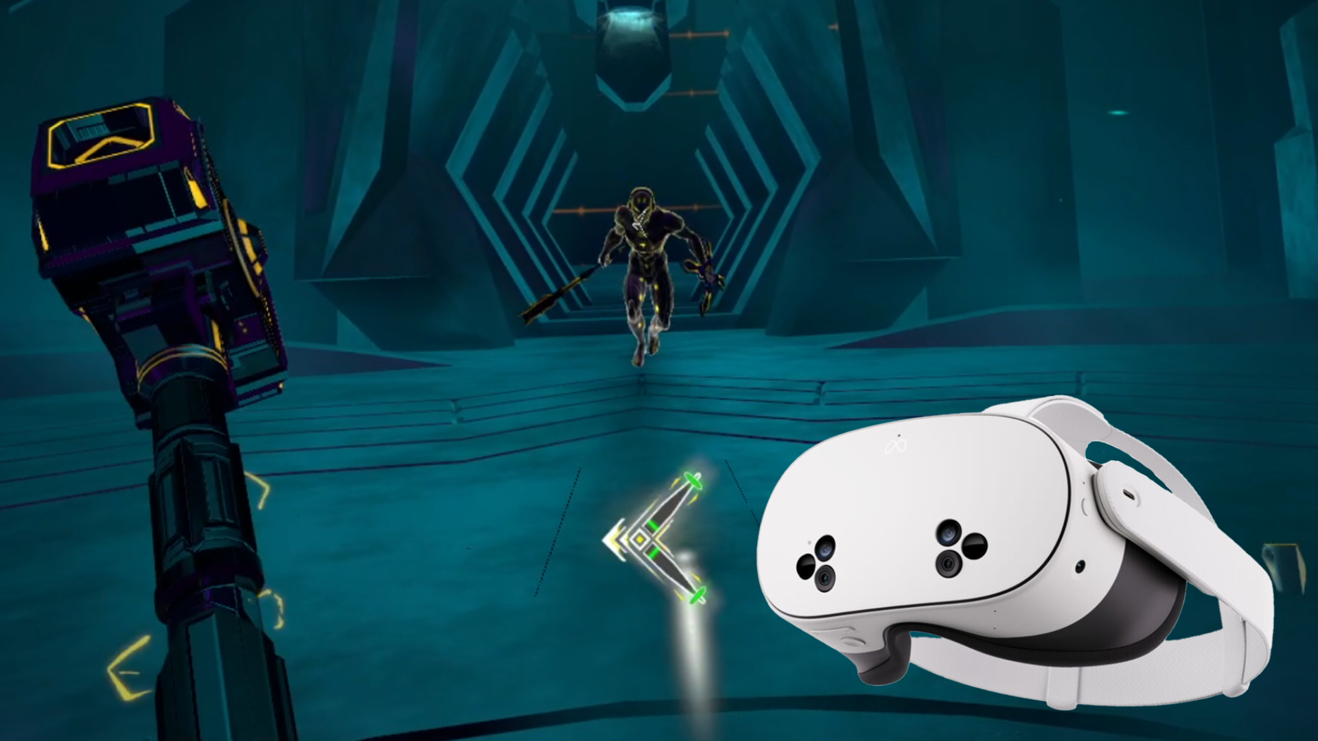 In a dark sci-fi world, an android armed with a hammer storms towards the player.