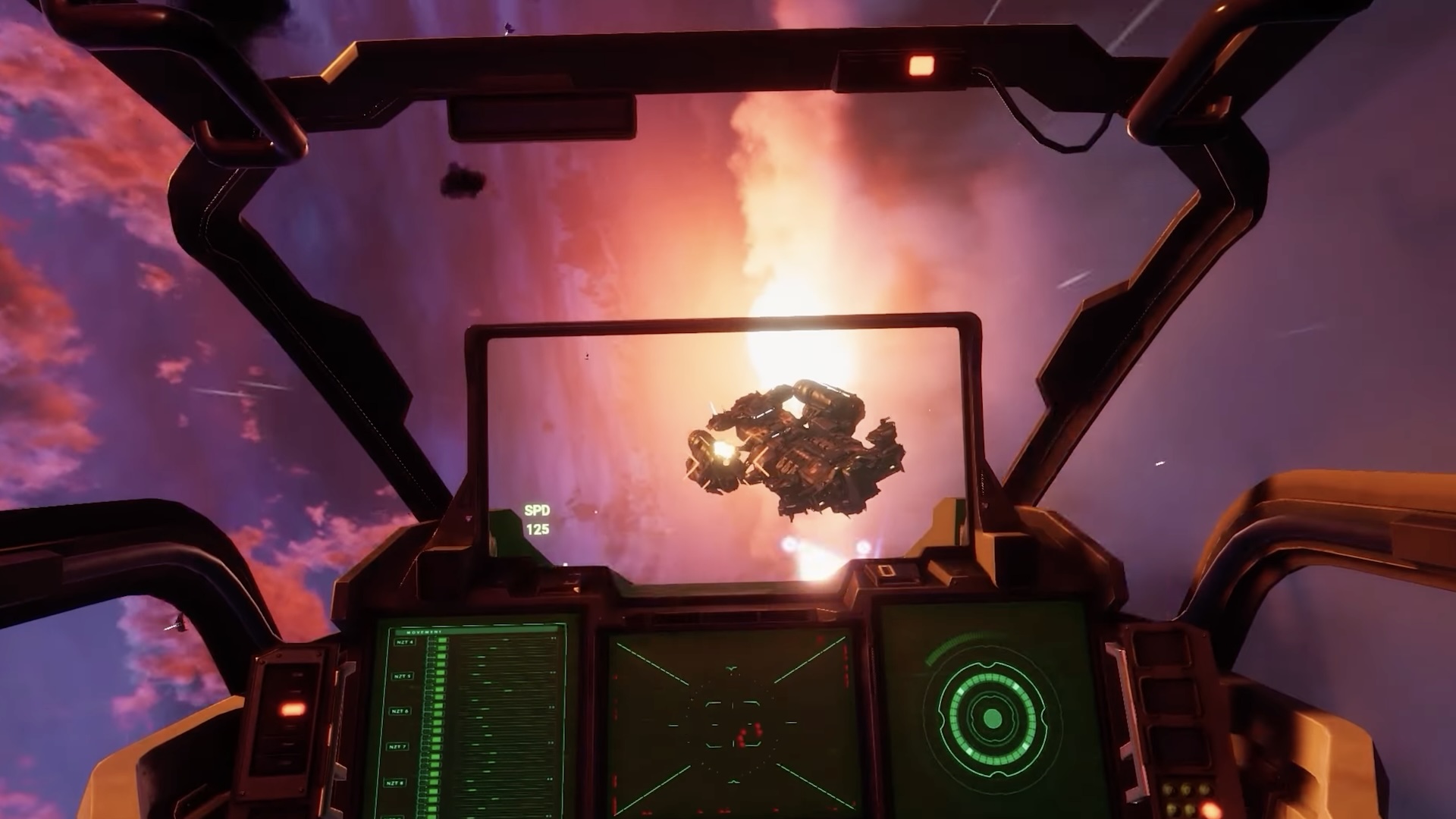 Cockpit view of a spaceship aiming at another spaceship against a cloudy sky.