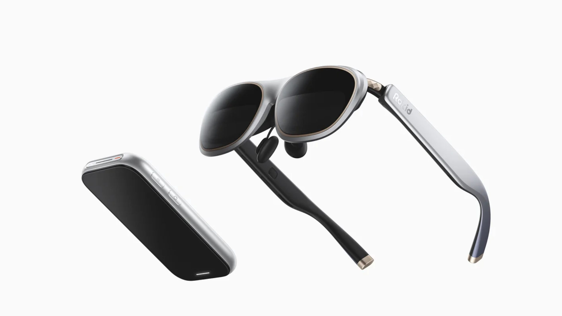 The Rokid AR Spatial AR headset in a sunglasses design and a handy smartphone-sized player.