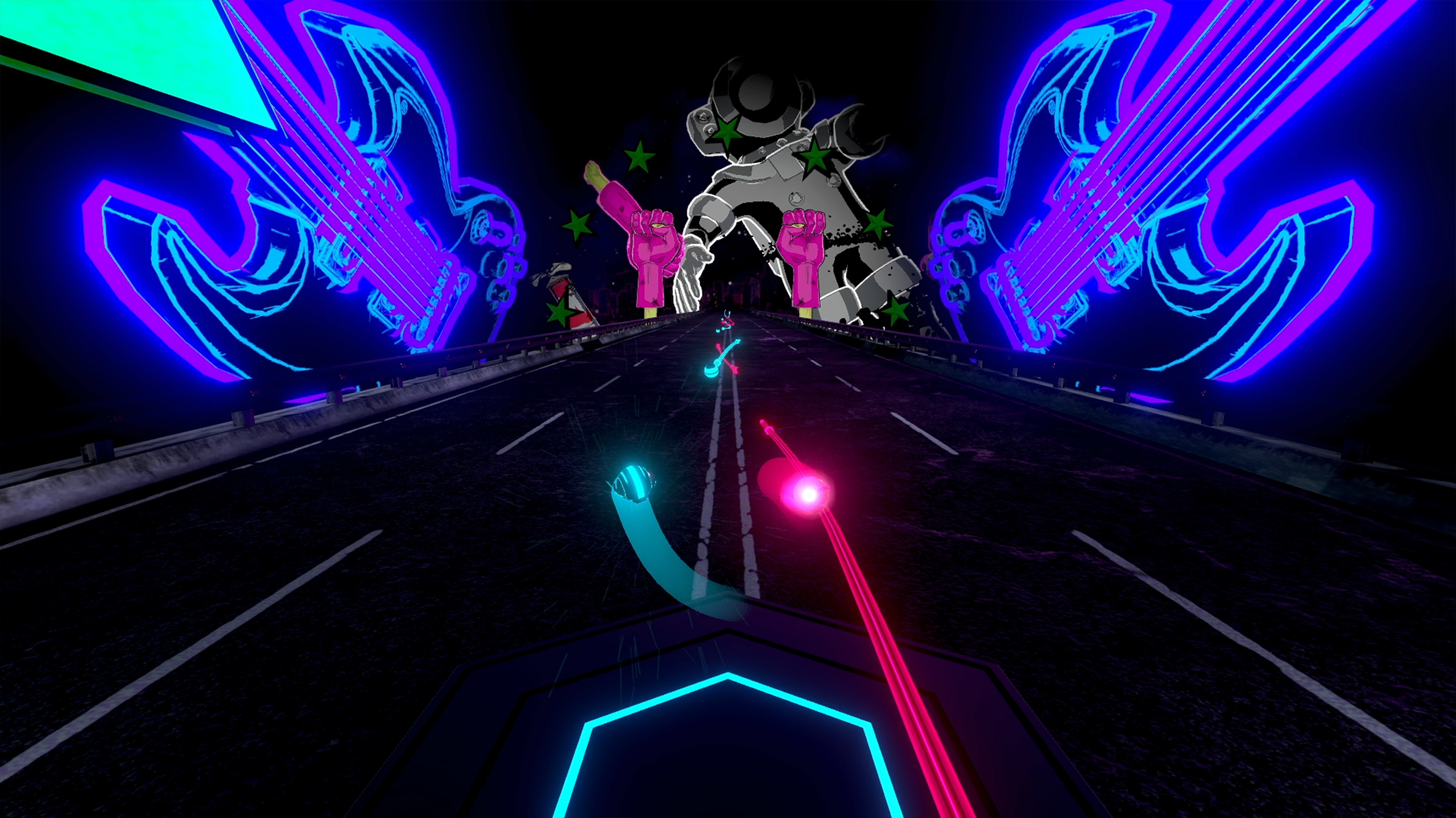 A game scene from Synth Riders shows a course with electric guitars.