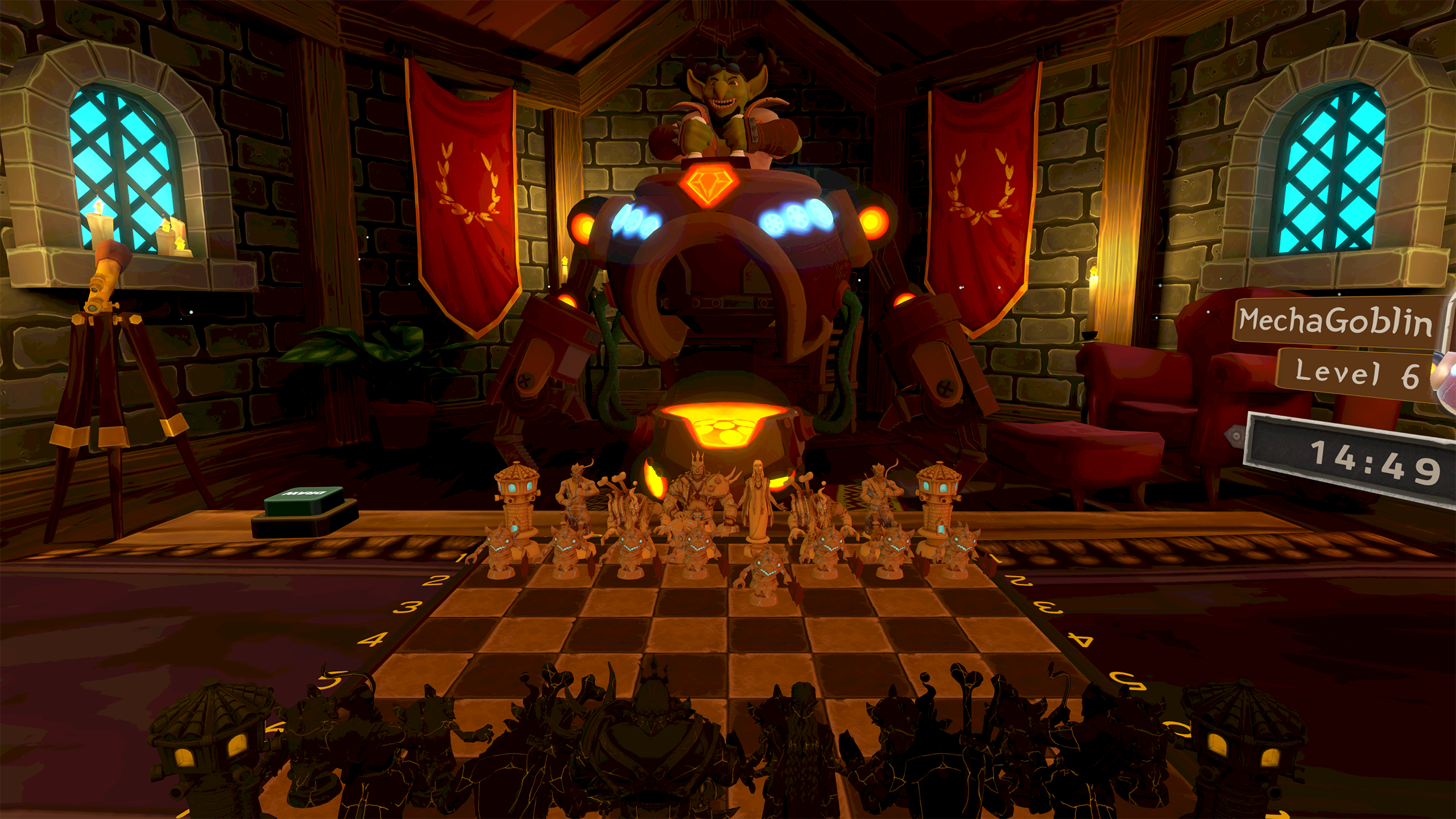 The image shows a VR environment in which a chessboard is set up in a medieval fantasy setting.