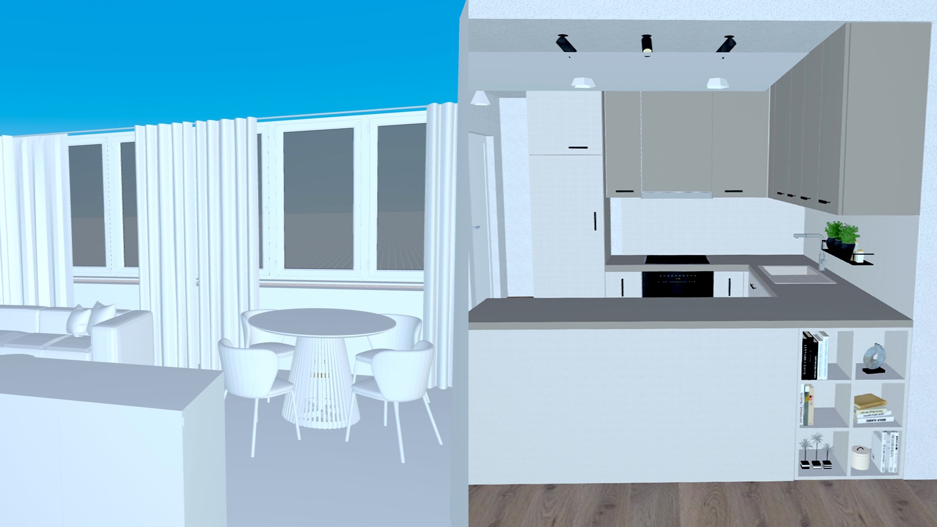 3D visualization of a living room and a kitchen.
