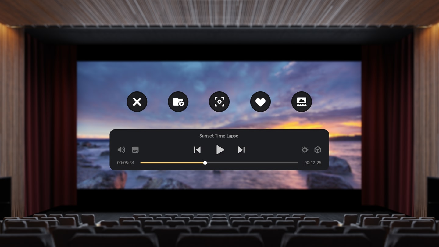 Cinema room with large screen showing sunset time-lapse and media player interface with progress bar and controls