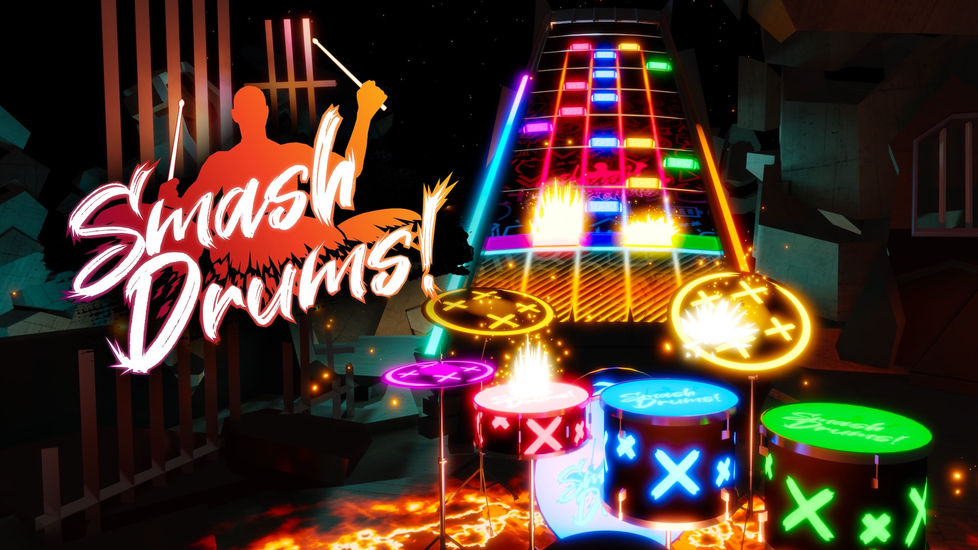 Smash Drums VR game with glowing drums, music track and silhouette of a drummer in a dynamic, neon-lit playing field.